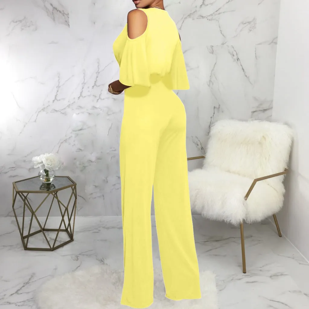 Off Shoulder Flare Sleeve Wide Leg Pants Jumpsuit Elegant Loose Romper