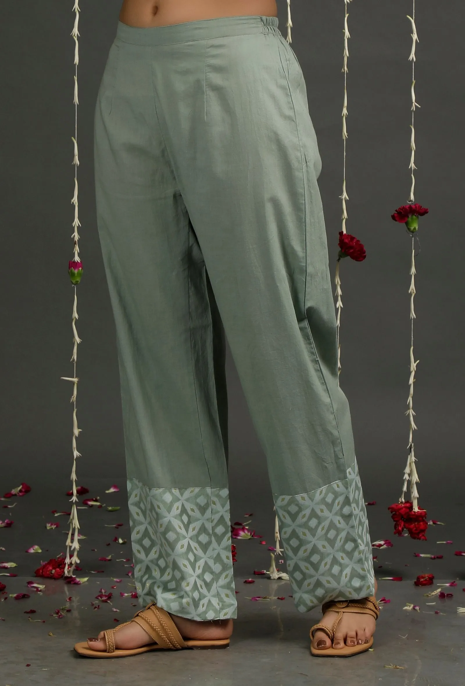 Olive Green Jamdani Straight Fit Pants