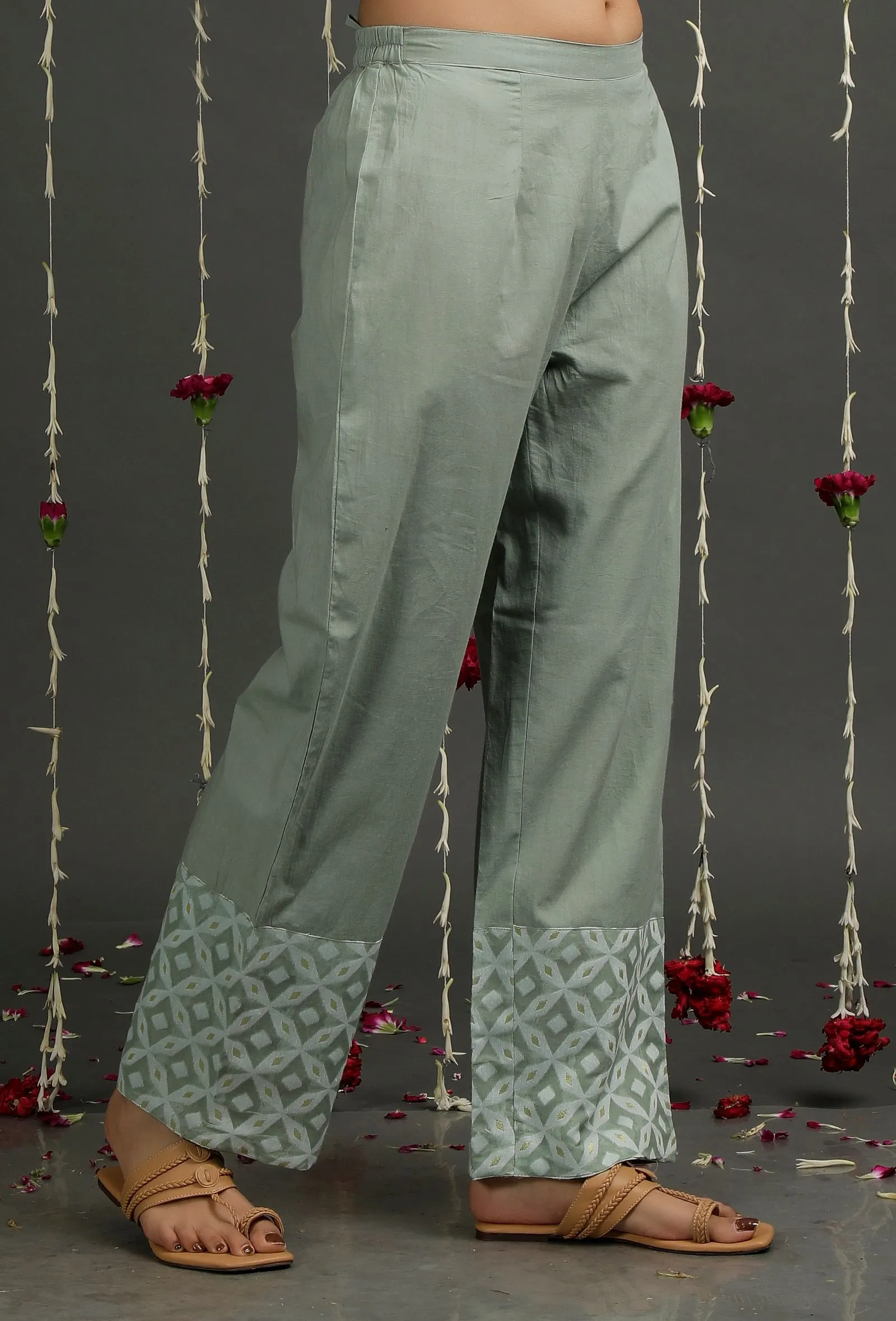 Olive Green Jamdani Straight Fit Pants