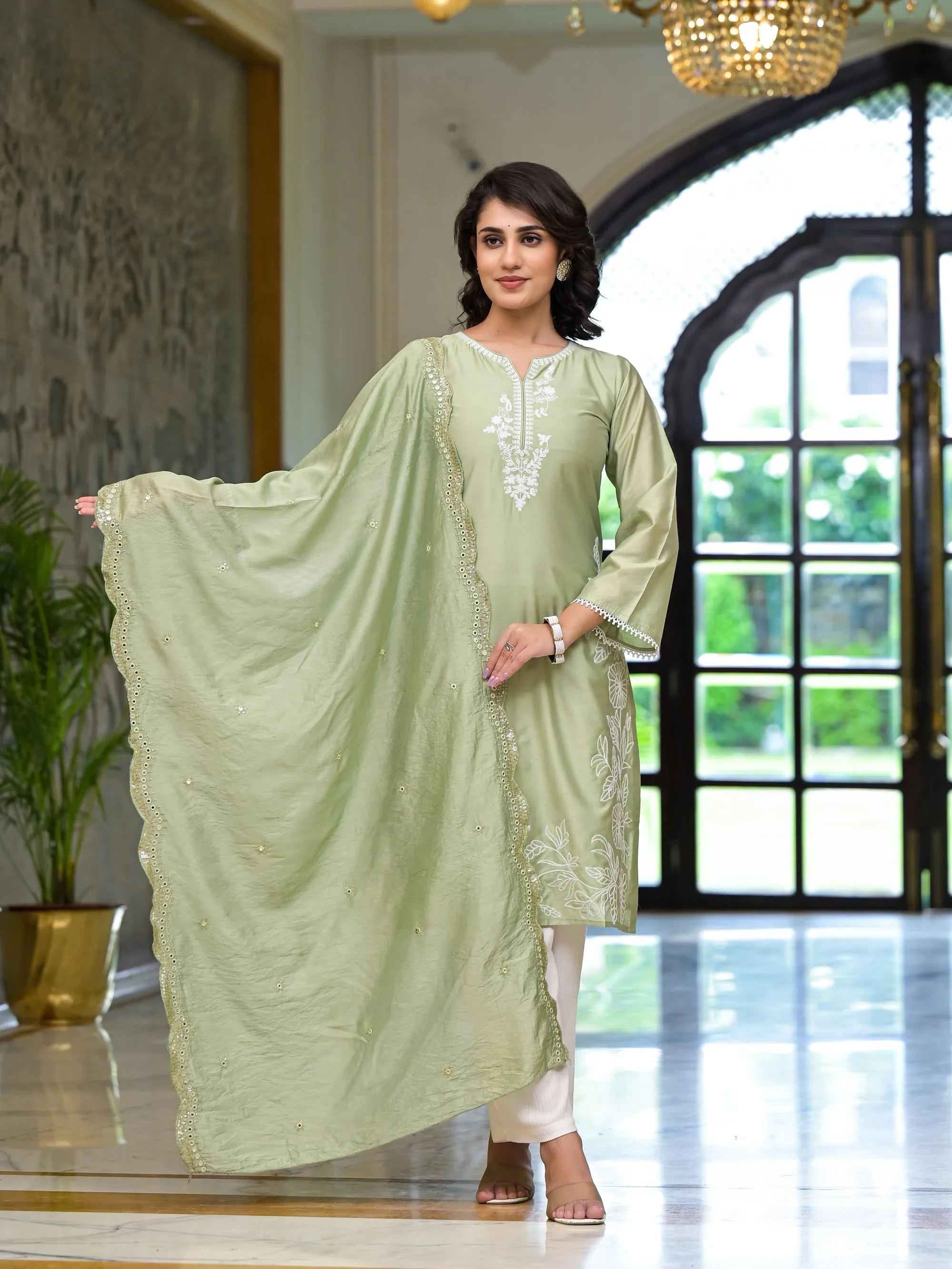 Olive Thread Embroidered Viscose Kurta Palazzo And Dupatta Set With Thread & Mirror Work