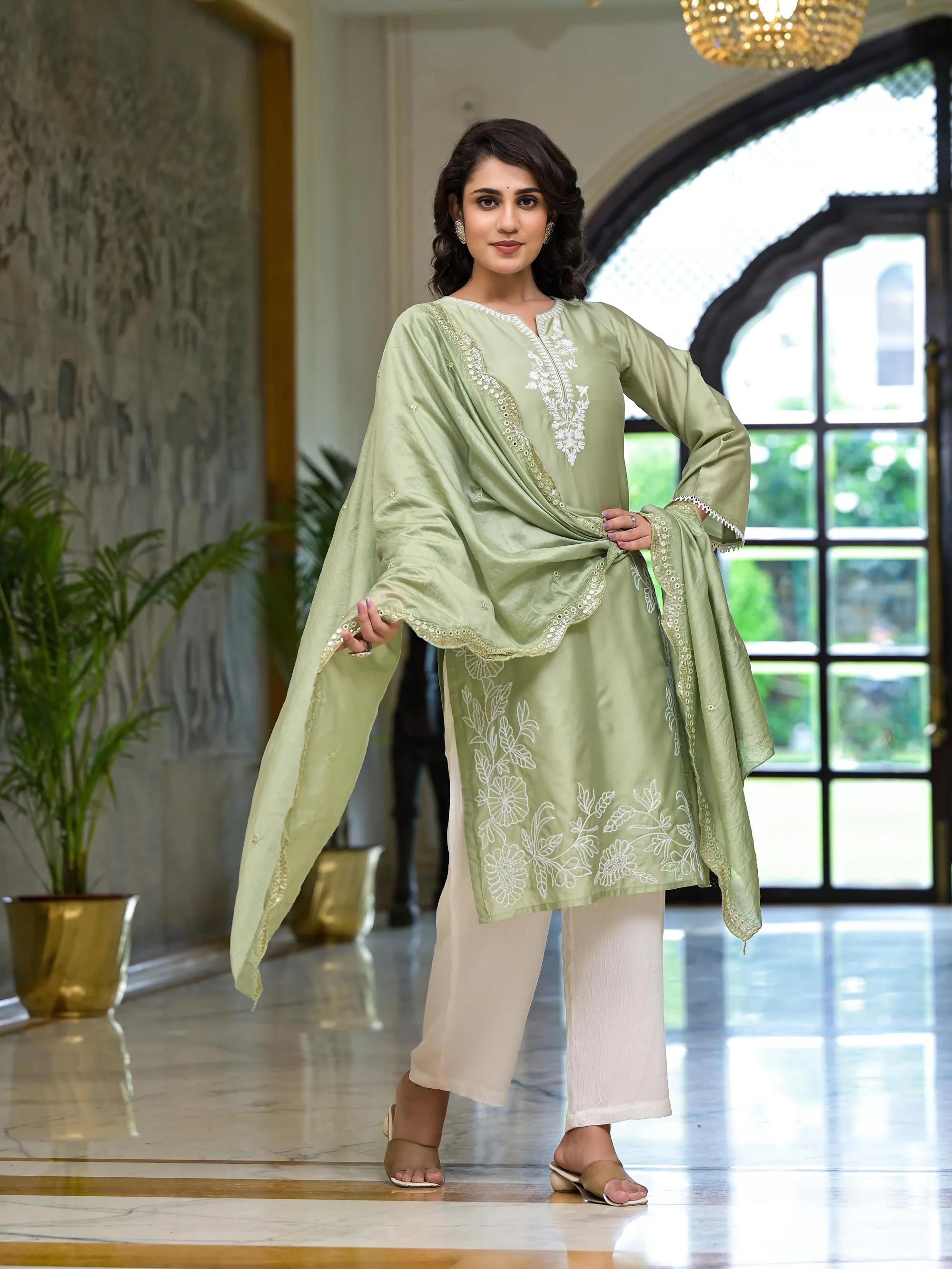 Olive Thread Embroidered Viscose Kurta Palazzo And Dupatta Set With Thread & Mirror Work