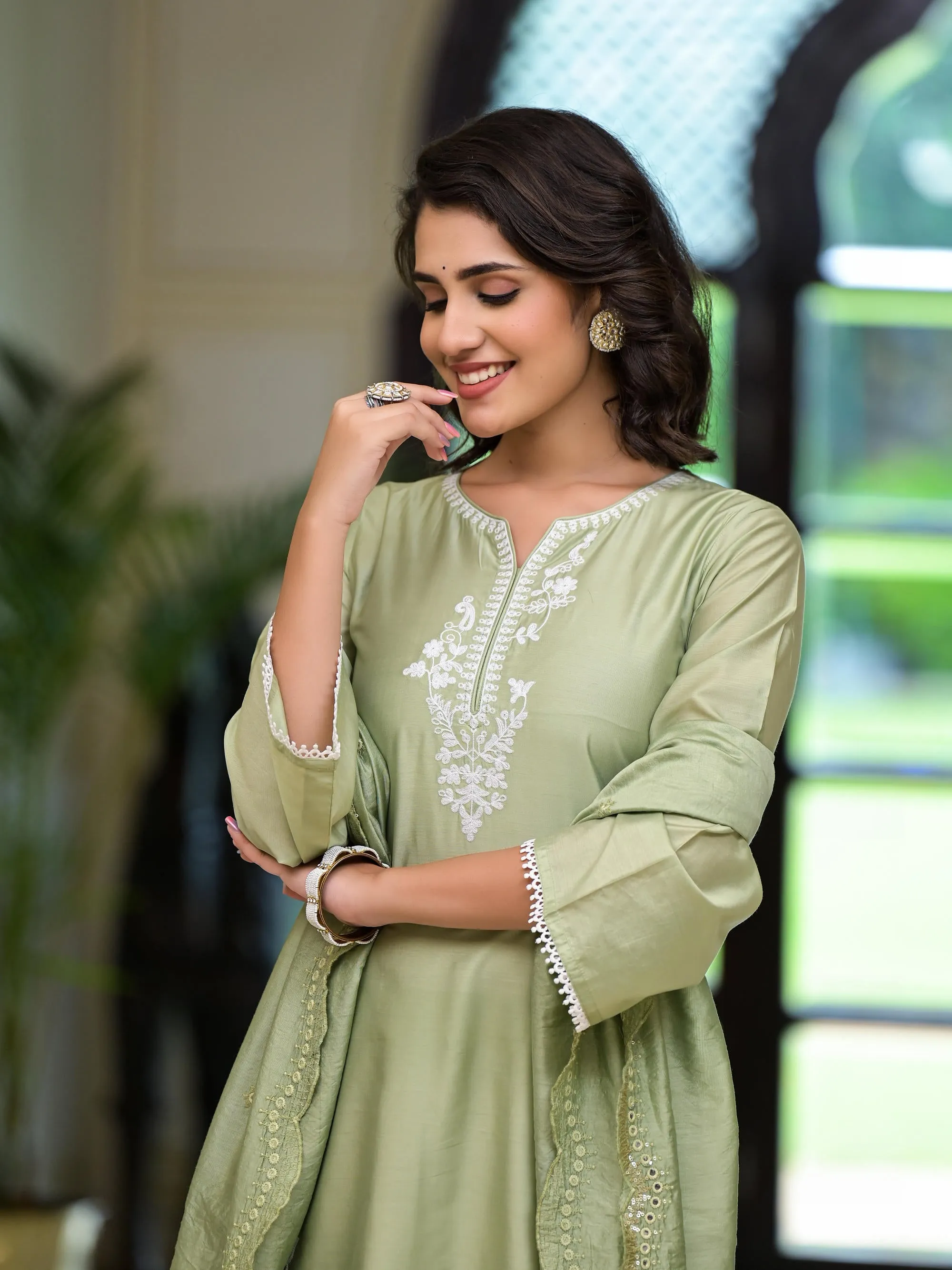 Olive Thread Embroidered Viscose Kurta Palazzo And Dupatta Set With Thread & Mirror Work