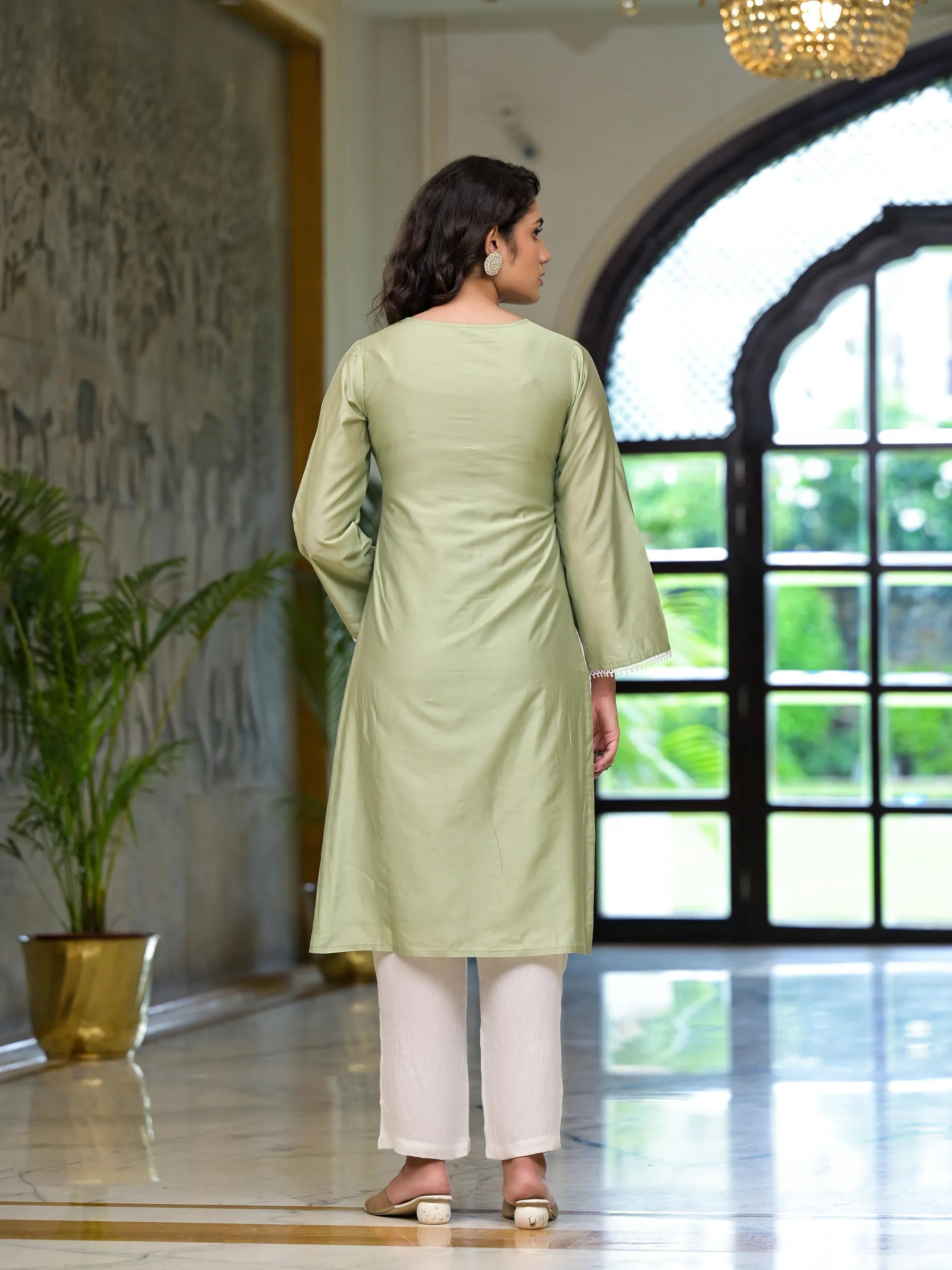 Olive Thread Embroidered Viscose Kurta Palazzo And Dupatta Set With Thread & Mirror Work