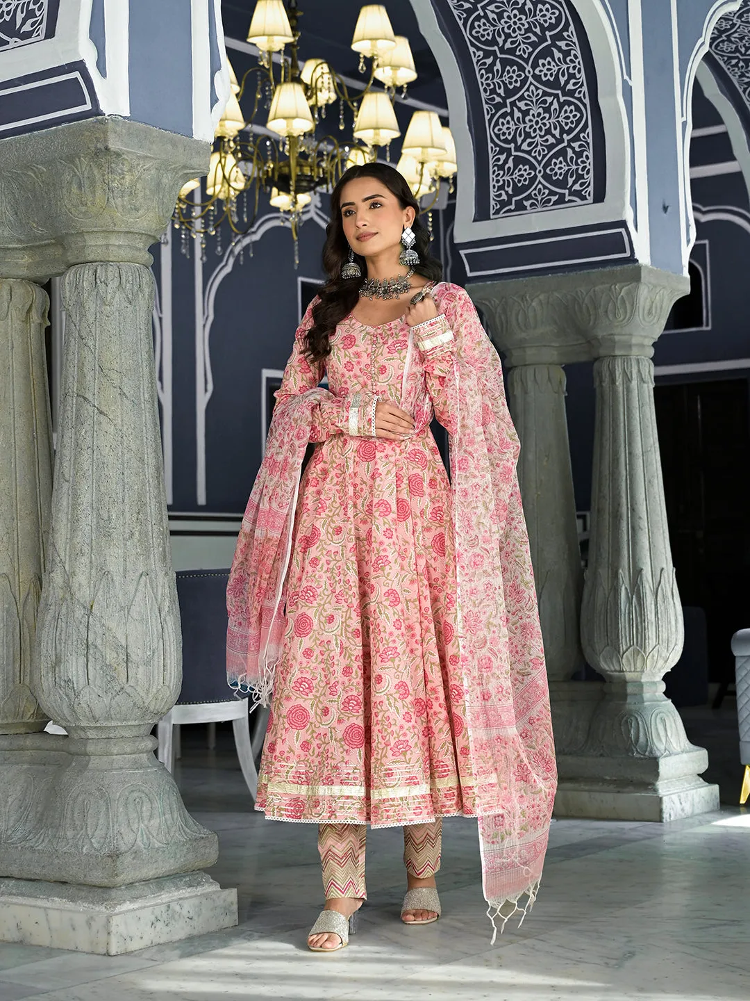 Pink Floral Hand Block Printed Anarkali Kurta Trouser With Dupatta Set