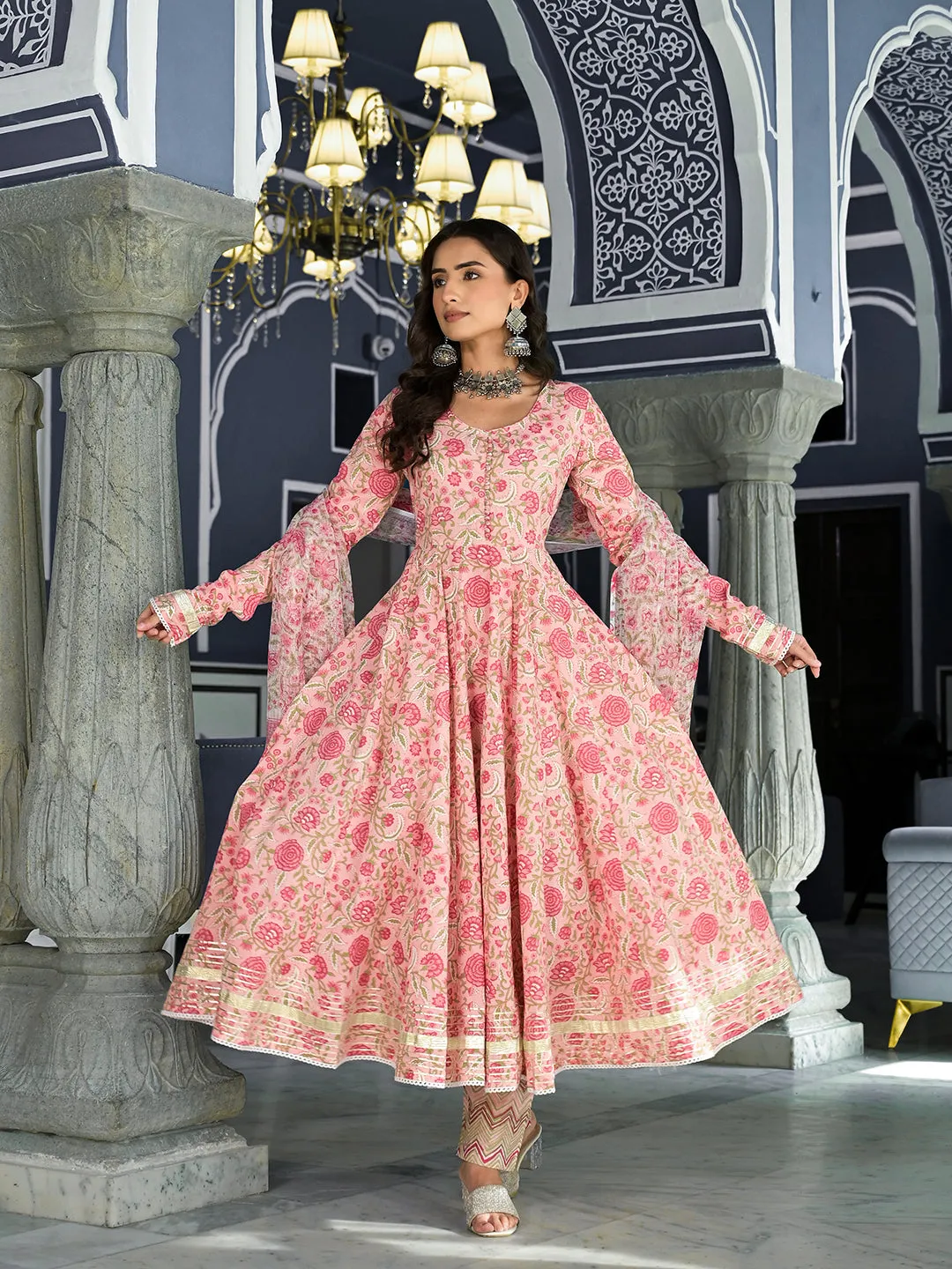 Pink Floral Hand Block Printed Anarkali Kurta Trouser With Dupatta Set