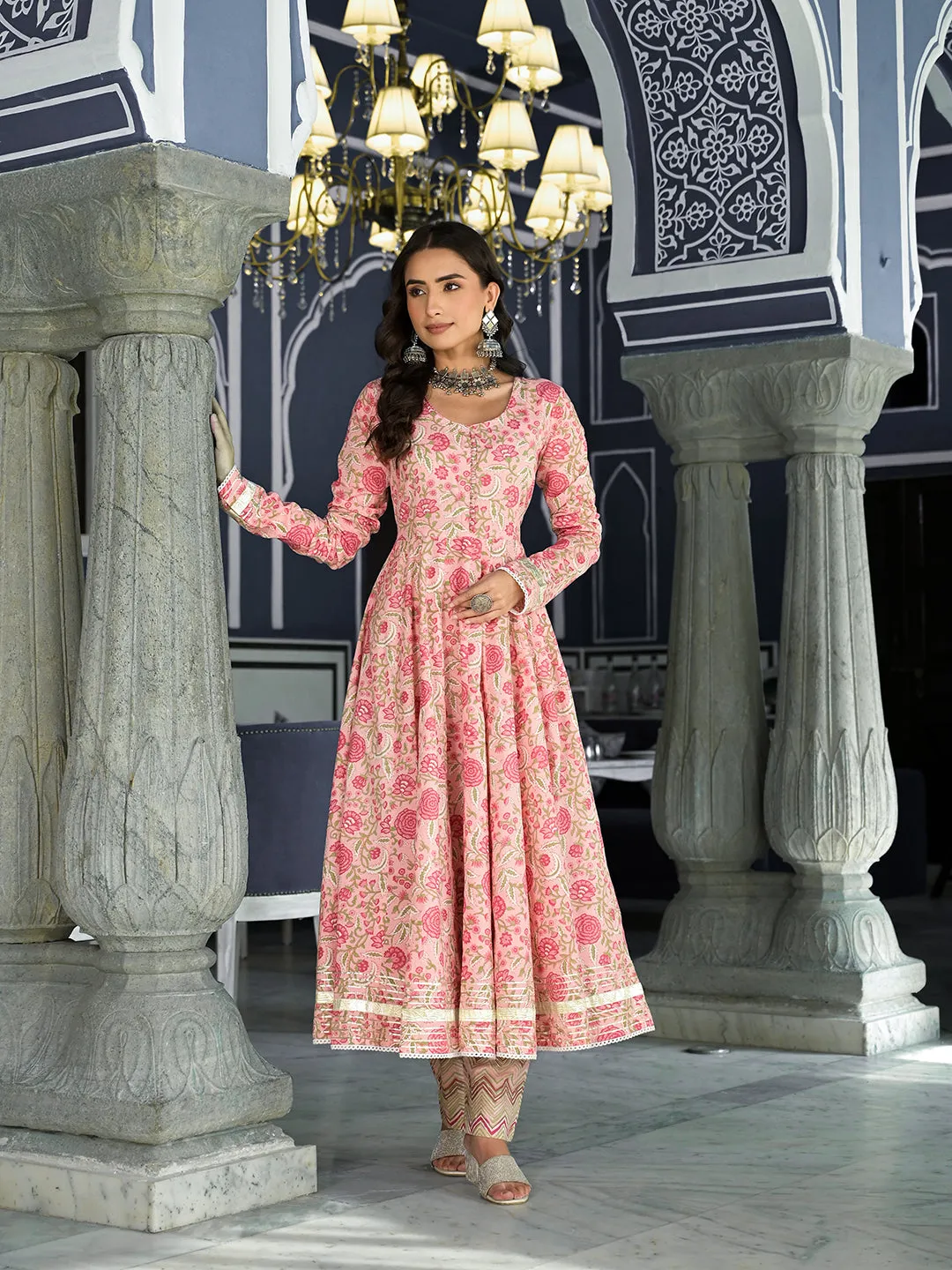 Pink Floral Hand Block Printed Anarkali Kurta Trouser With Dupatta Set