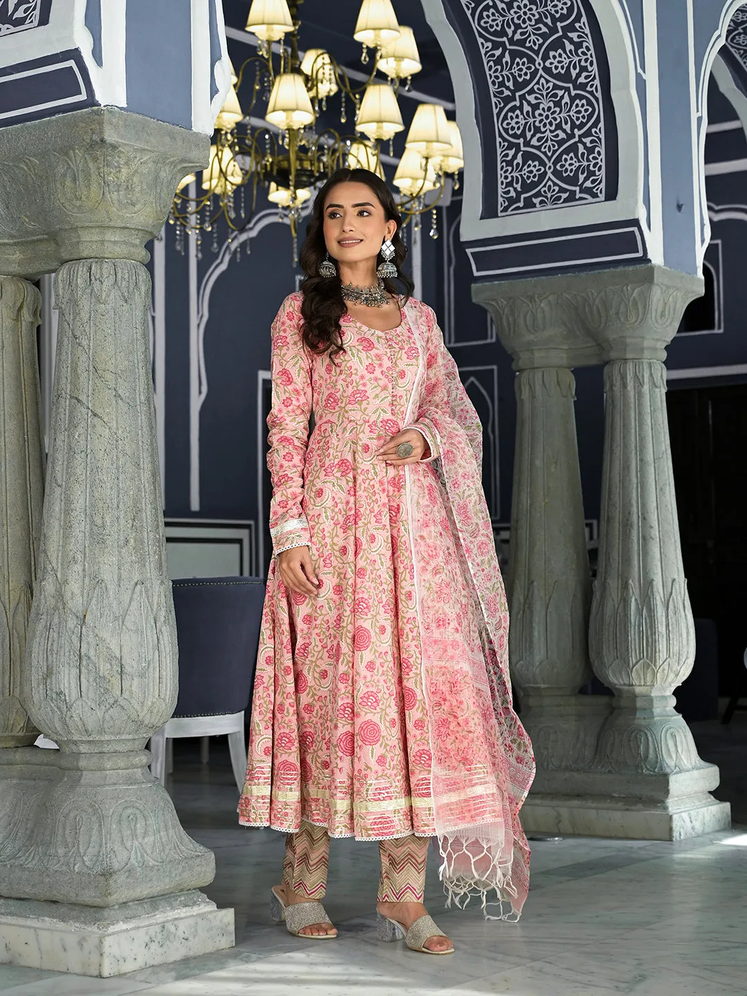 Pink Floral Hand Block Printed Anarkali Kurta Trouser With Dupatta Set