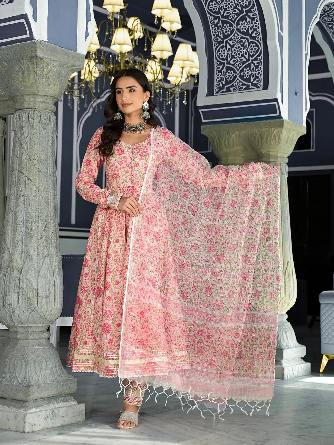 Pink Floral Hand Block Printed Anarkali Kurta Trouser With Dupatta Set