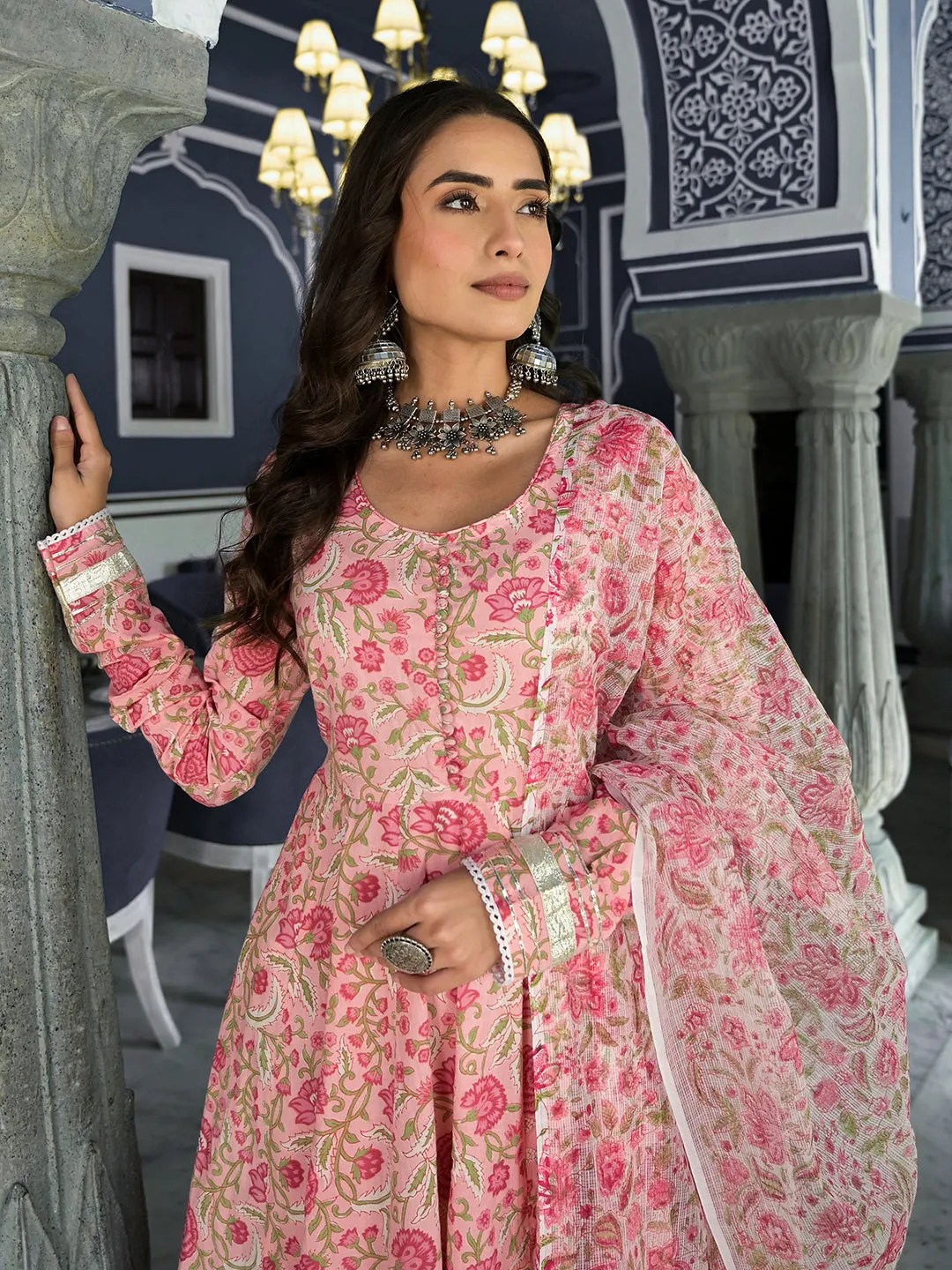 Pink Floral Hand Block Printed Anarkali Kurta Trouser With Dupatta Set