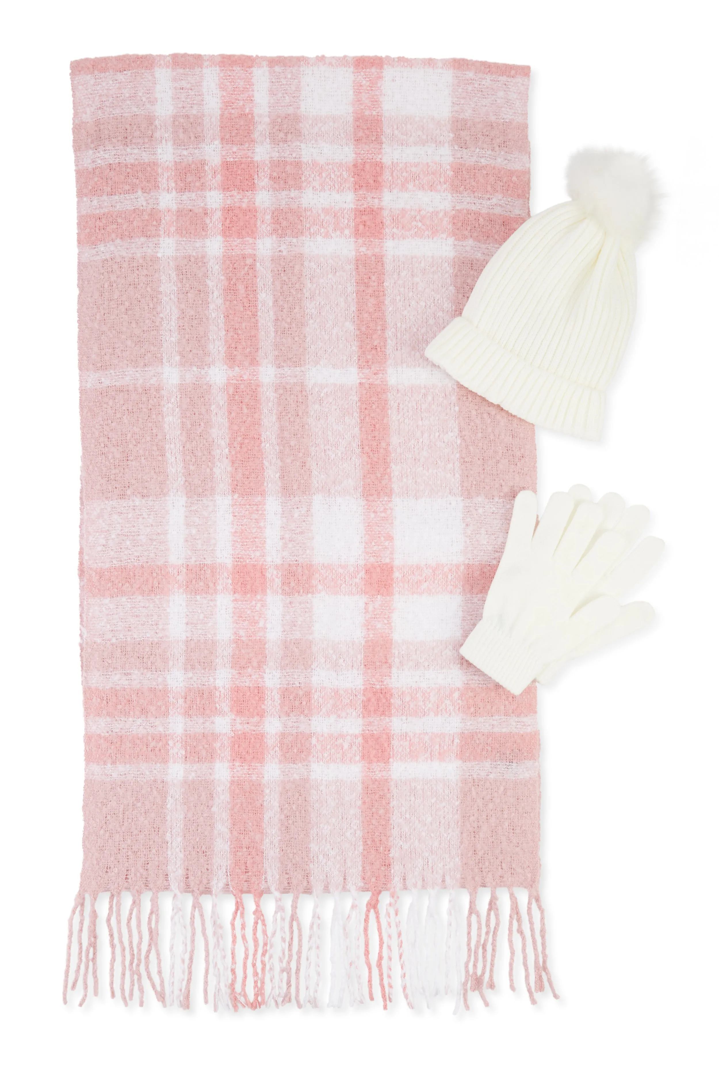 Plaid Boucle Scarf with Pom Pom Beanie and Gloves