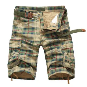 Plaid Casual Cargo Multi Pockets Style Men Shorts