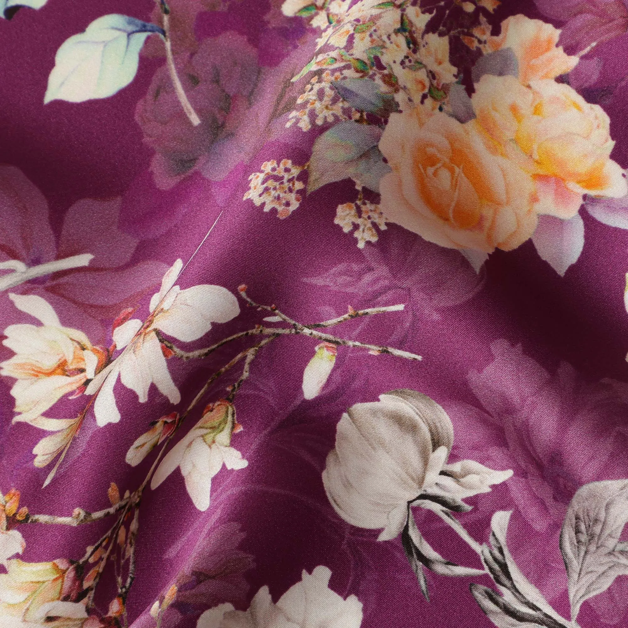 Plum Floral Pure Silk Satin Fabric - 140 cm Width, Made in Italy-D20721