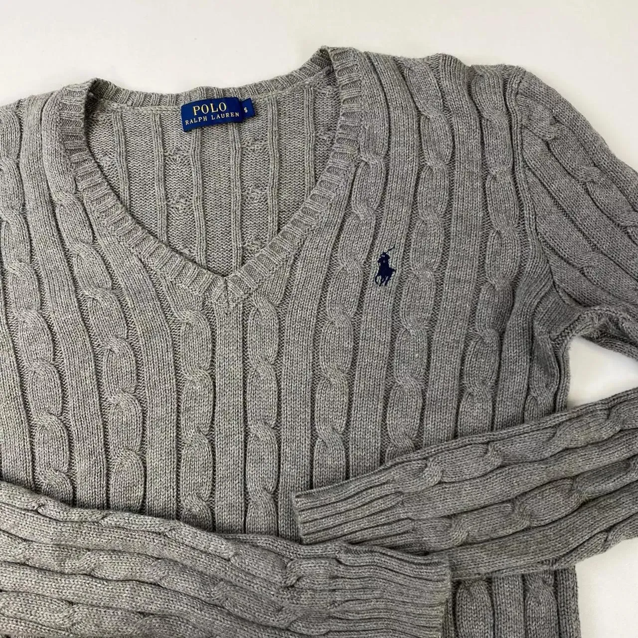 Polo Ralph Lauren Womens Cable-Knit Jumper Size S Grey V-Neck Sweater Logo.