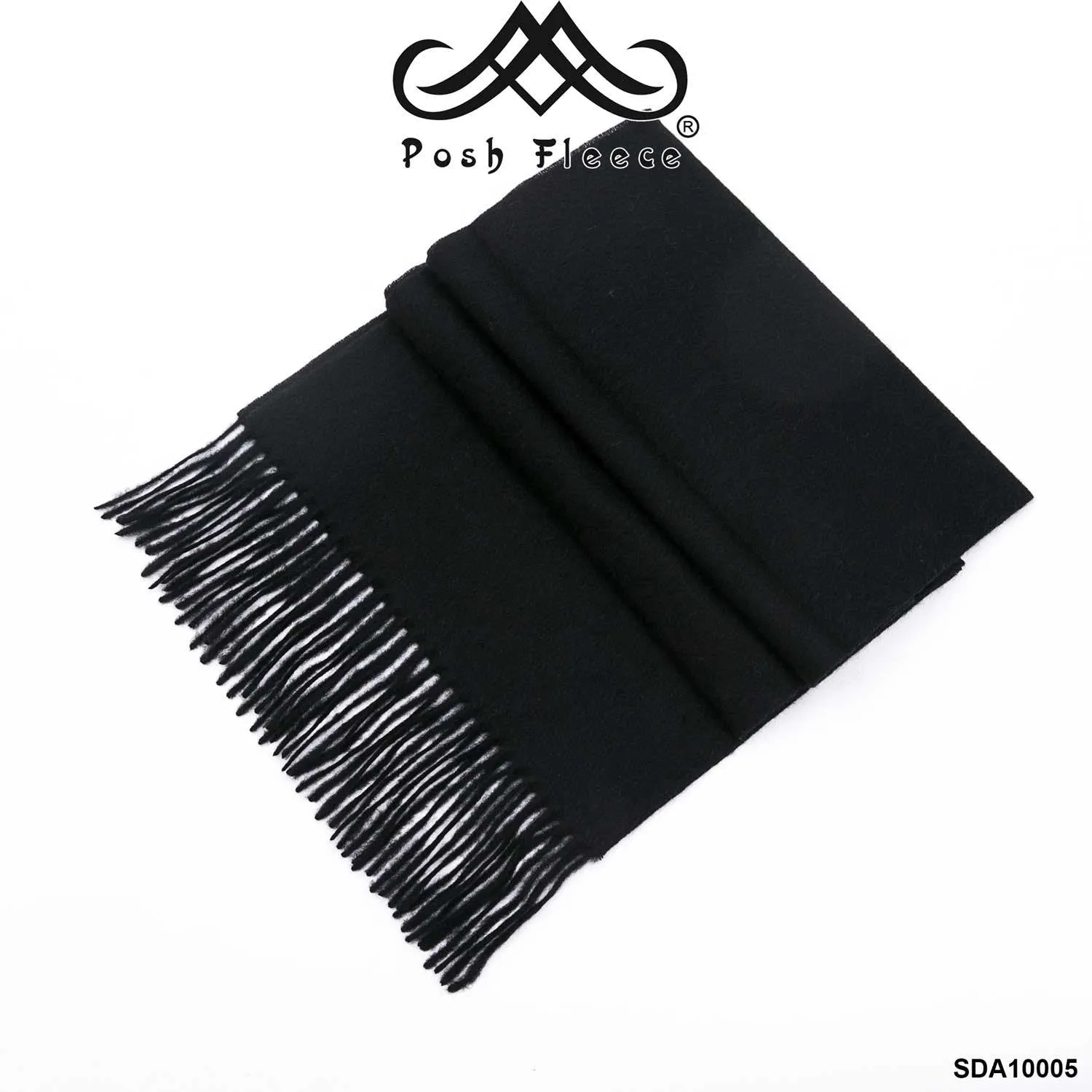 POSH FLEECE Pure Wool Scarf with Fringe Black