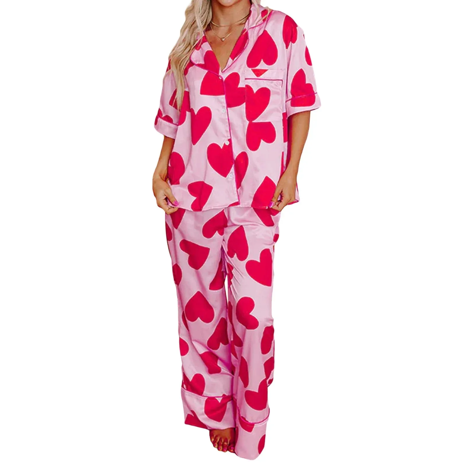 Print Short Sleeve Button Closure Top with Pants Sleepwear Heart Pajamas