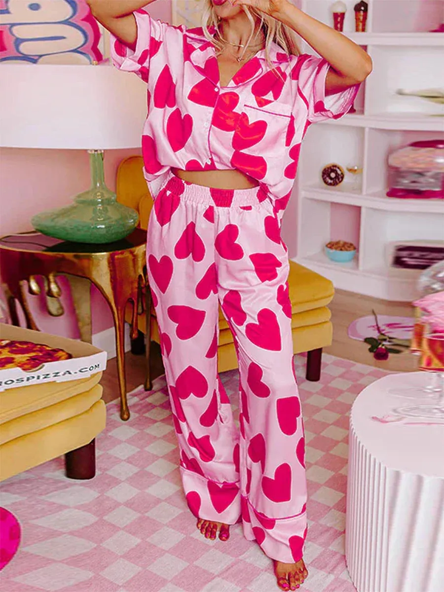 Print Short Sleeve Button Closure Top with Pants Sleepwear Heart Pajamas