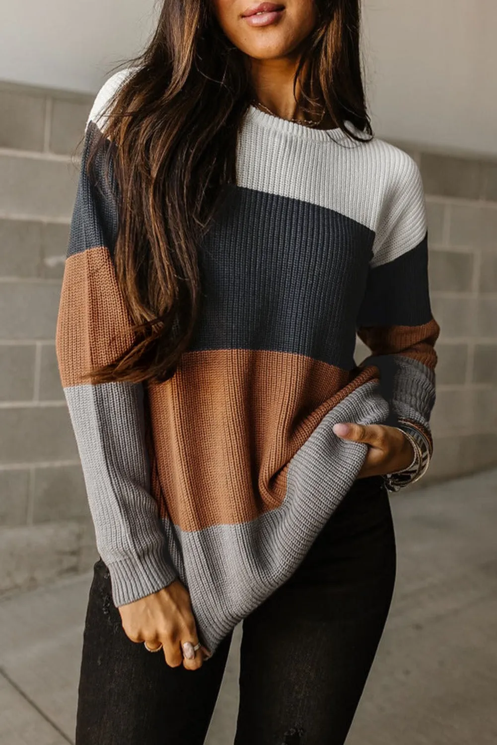 Red Color Block Casual Knit Pullover Sweater