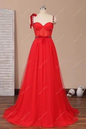 Red Corset Rhinestones Shoulder Tie Straps Fairy A-line Prom Dress