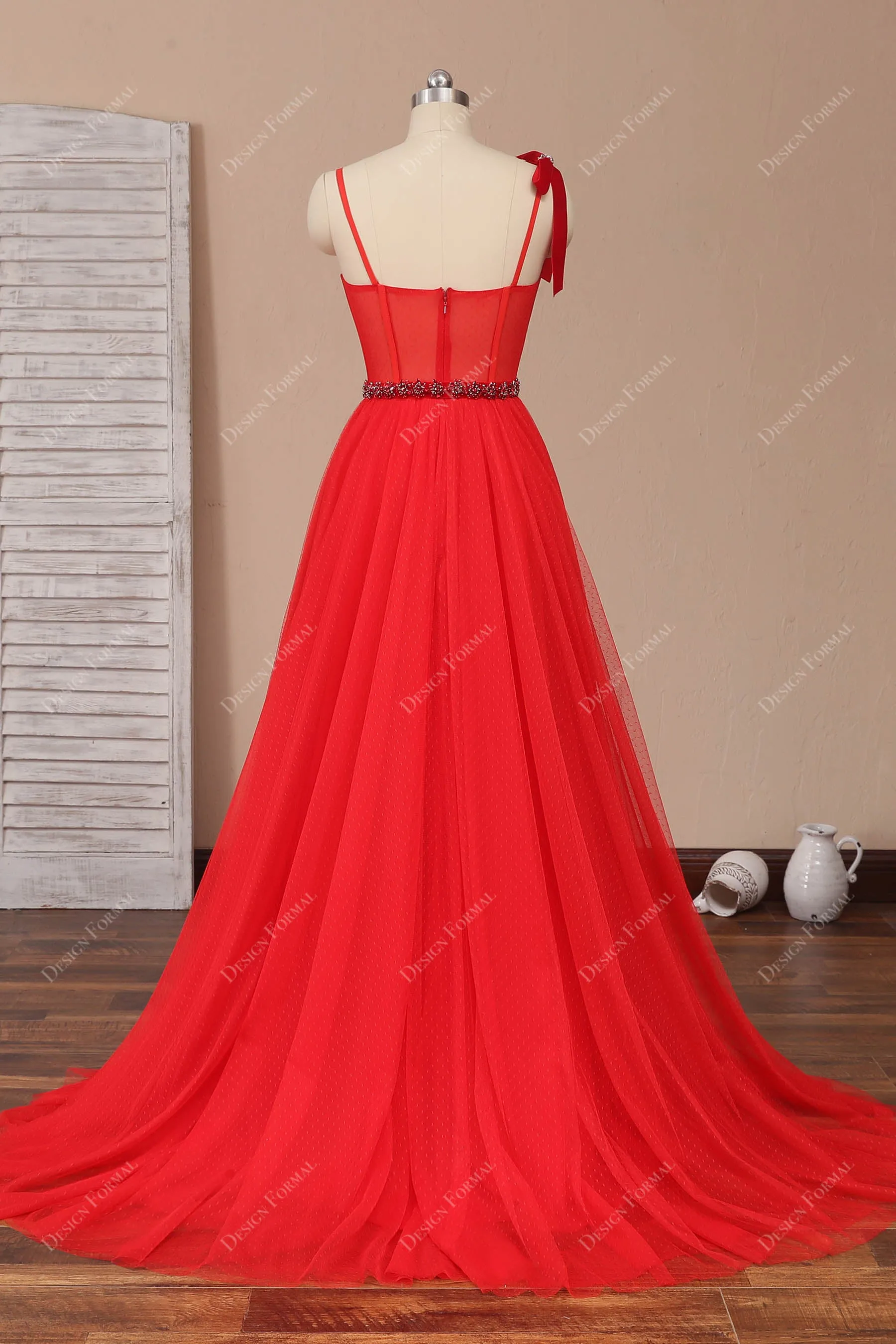 Red Corset Rhinestones Shoulder Tie Straps Fairy A-line Prom Dress