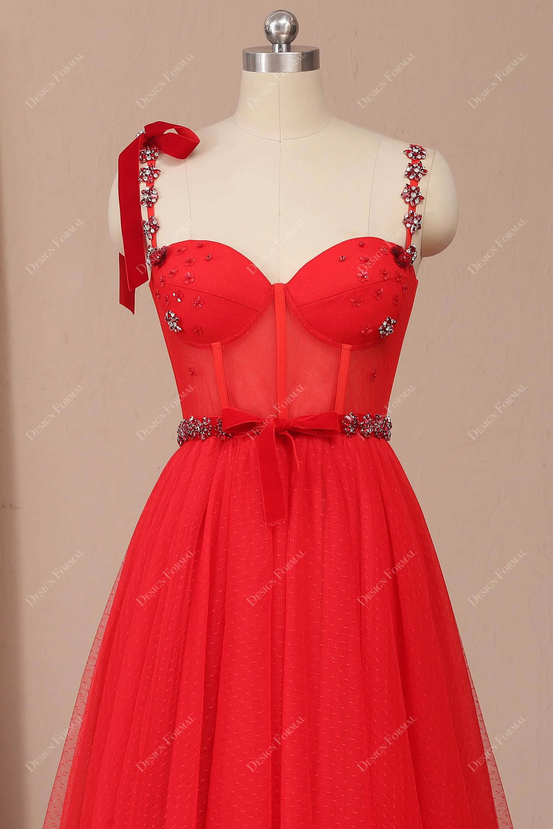 Red Corset Rhinestones Shoulder Tie Straps Fairy A-line Prom Dress