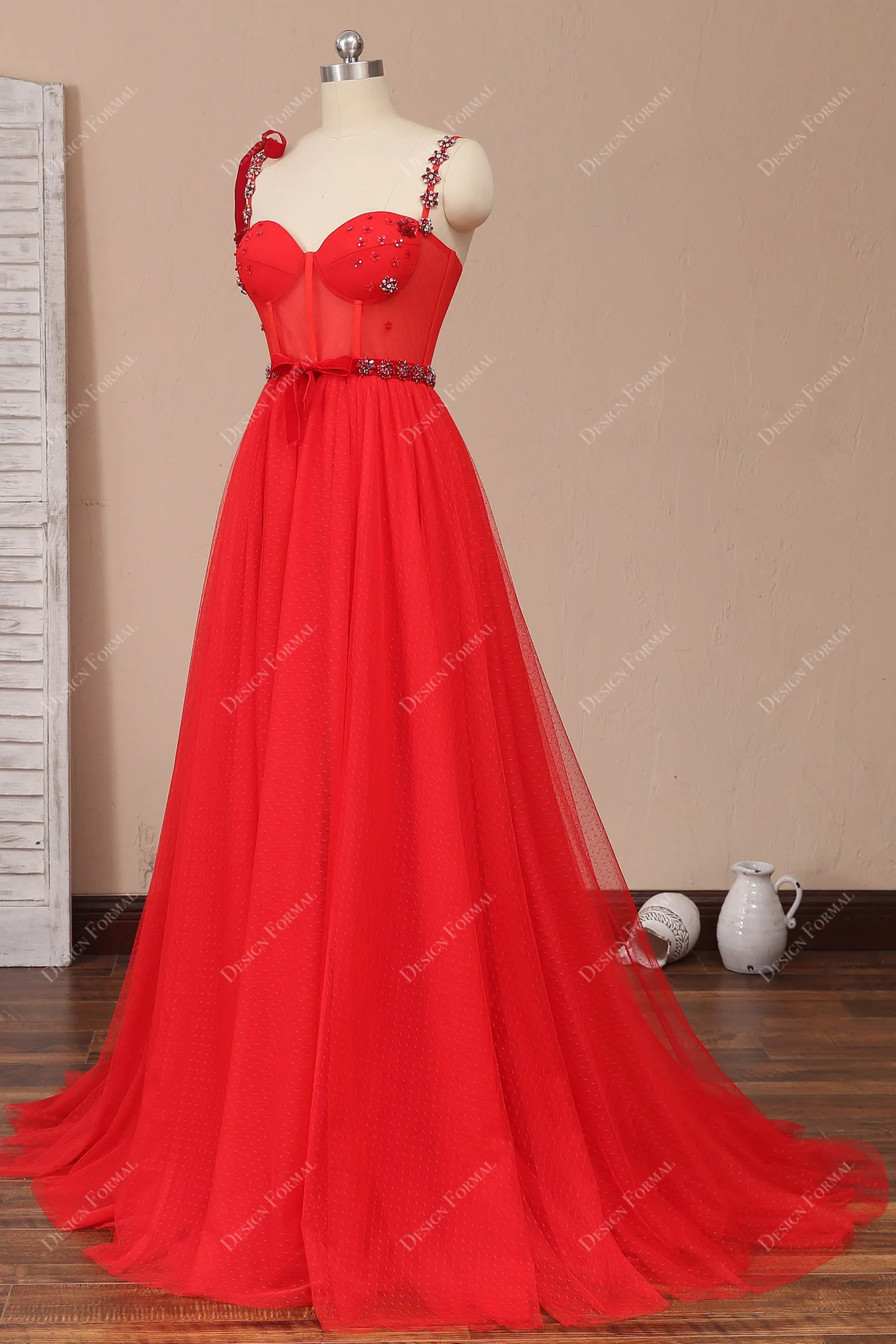 Red Corset Rhinestones Shoulder Tie Straps Fairy A-line Prom Dress