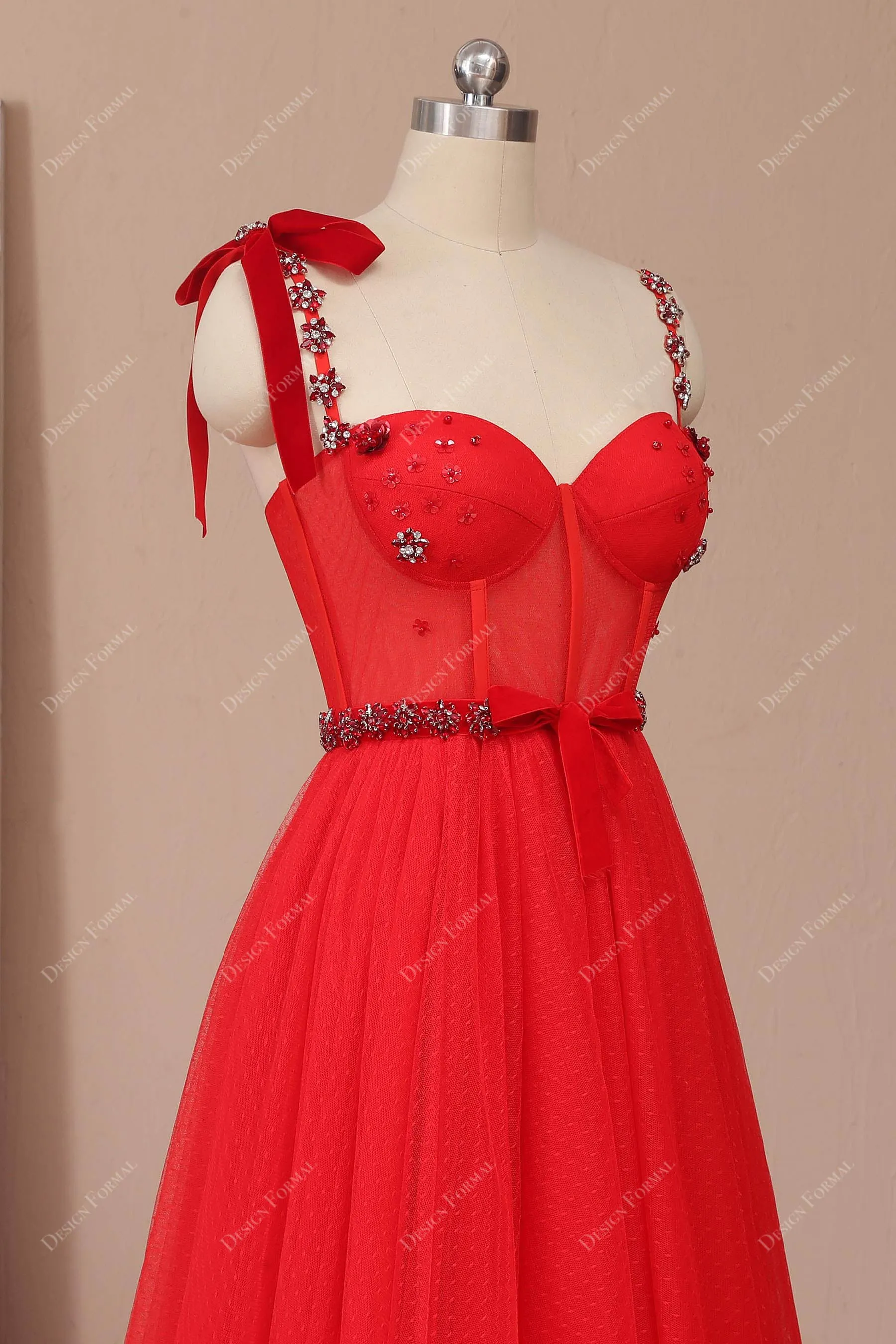 Red Corset Rhinestones Shoulder Tie Straps Fairy A-line Prom Dress