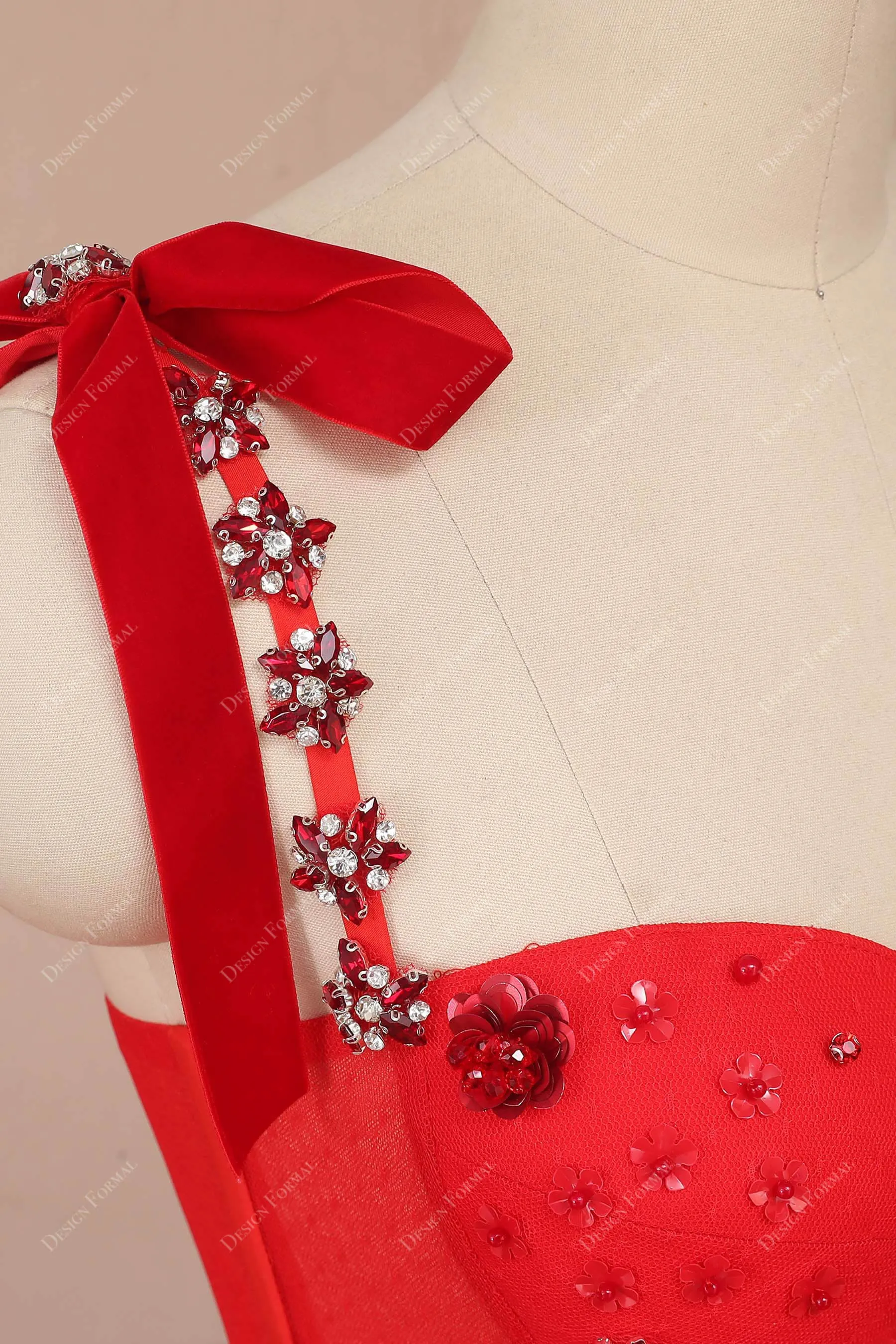 Red Corset Rhinestones Shoulder Tie Straps Fairy A-line Prom Dress