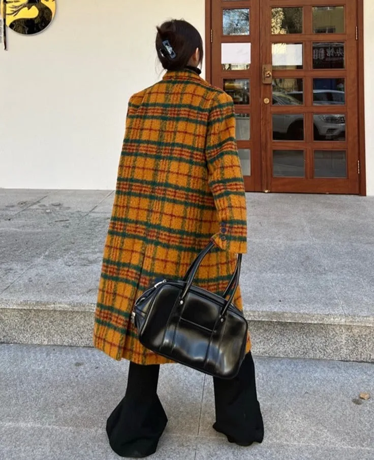 Retro Colorful Plaid Double-Breasted Woolen Trench Coat