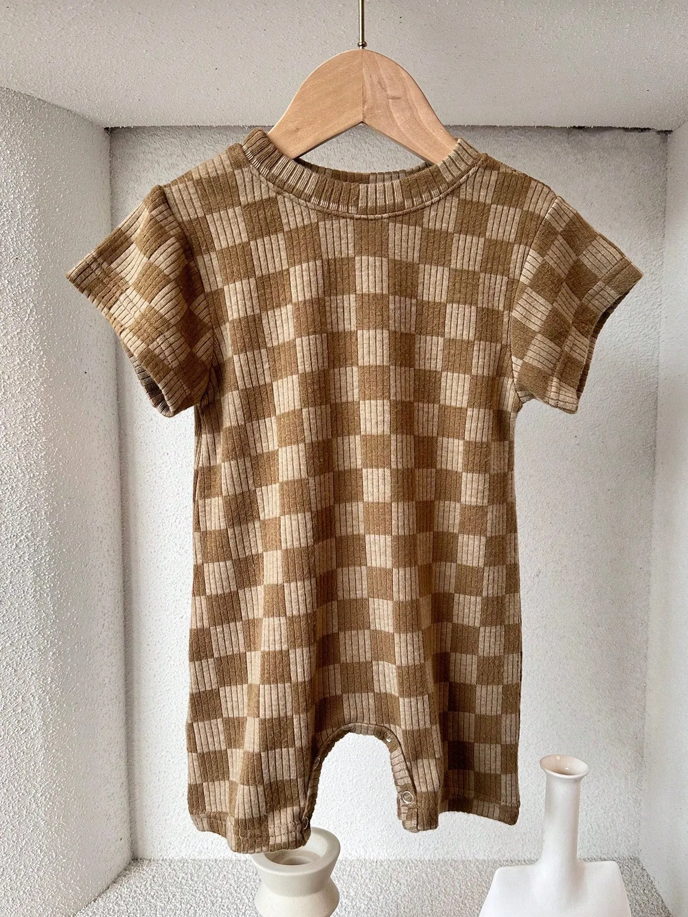 Retro Plaid Bodysuit Short Sleeved Jumpsuit Neutral Baby Romper Summer Clothes