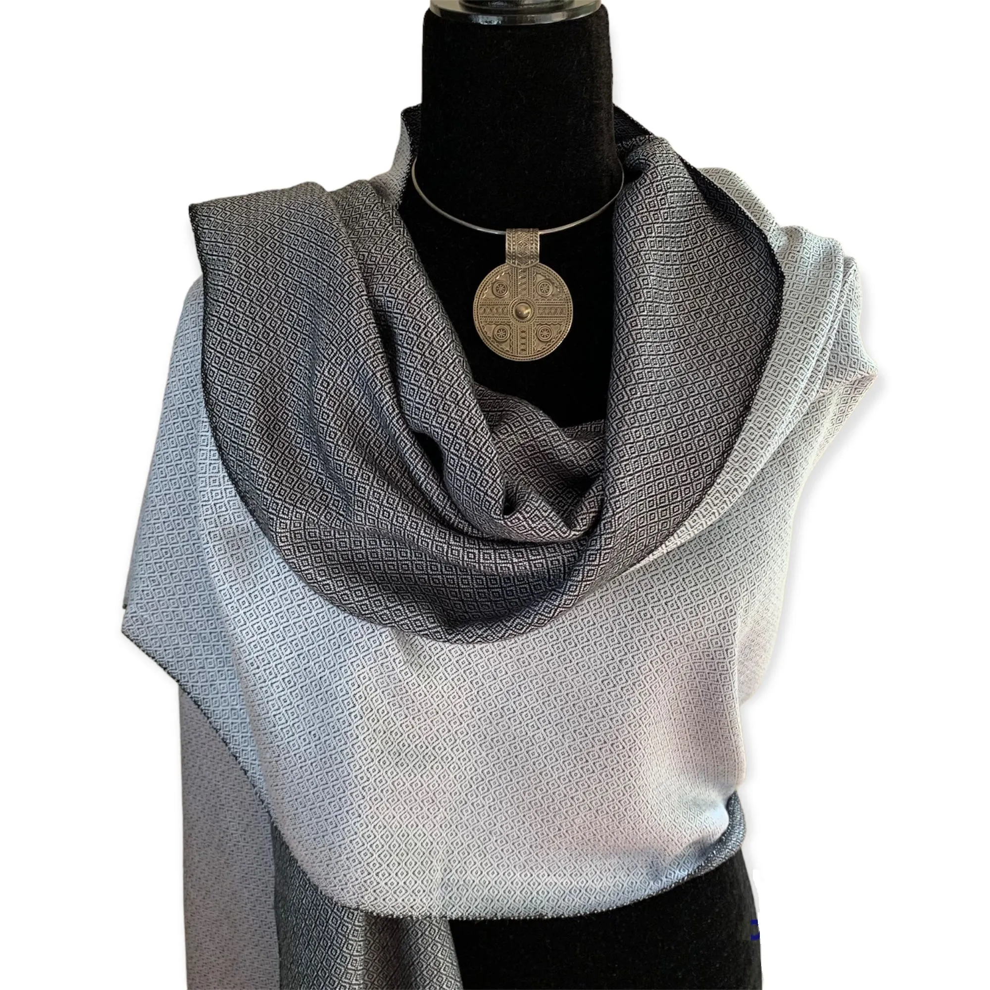 Reversible Diamond Handwoven Bamboo Viscose Shawl - Silver