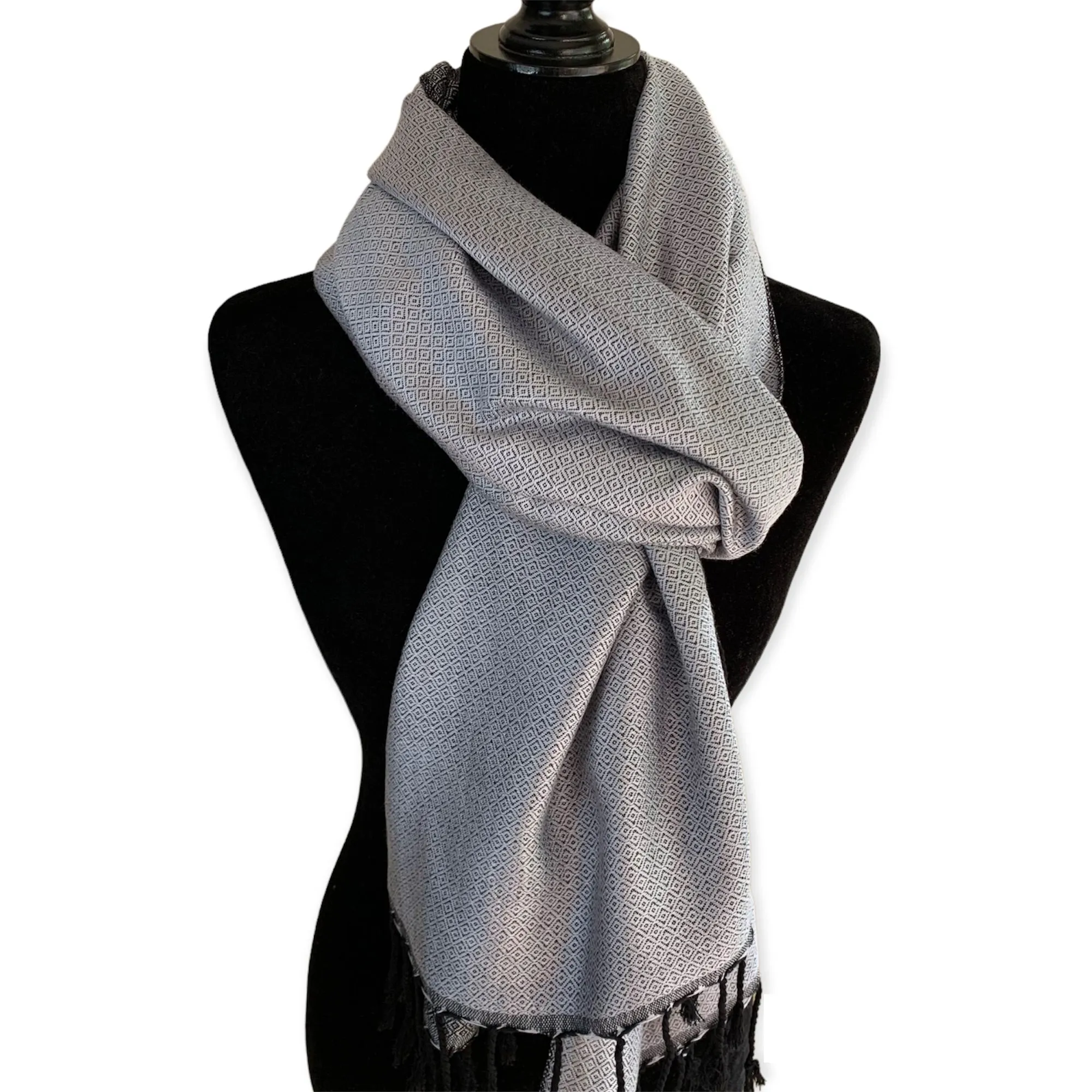 Reversible Diamond Handwoven Bamboo Viscose Shawl - Silver