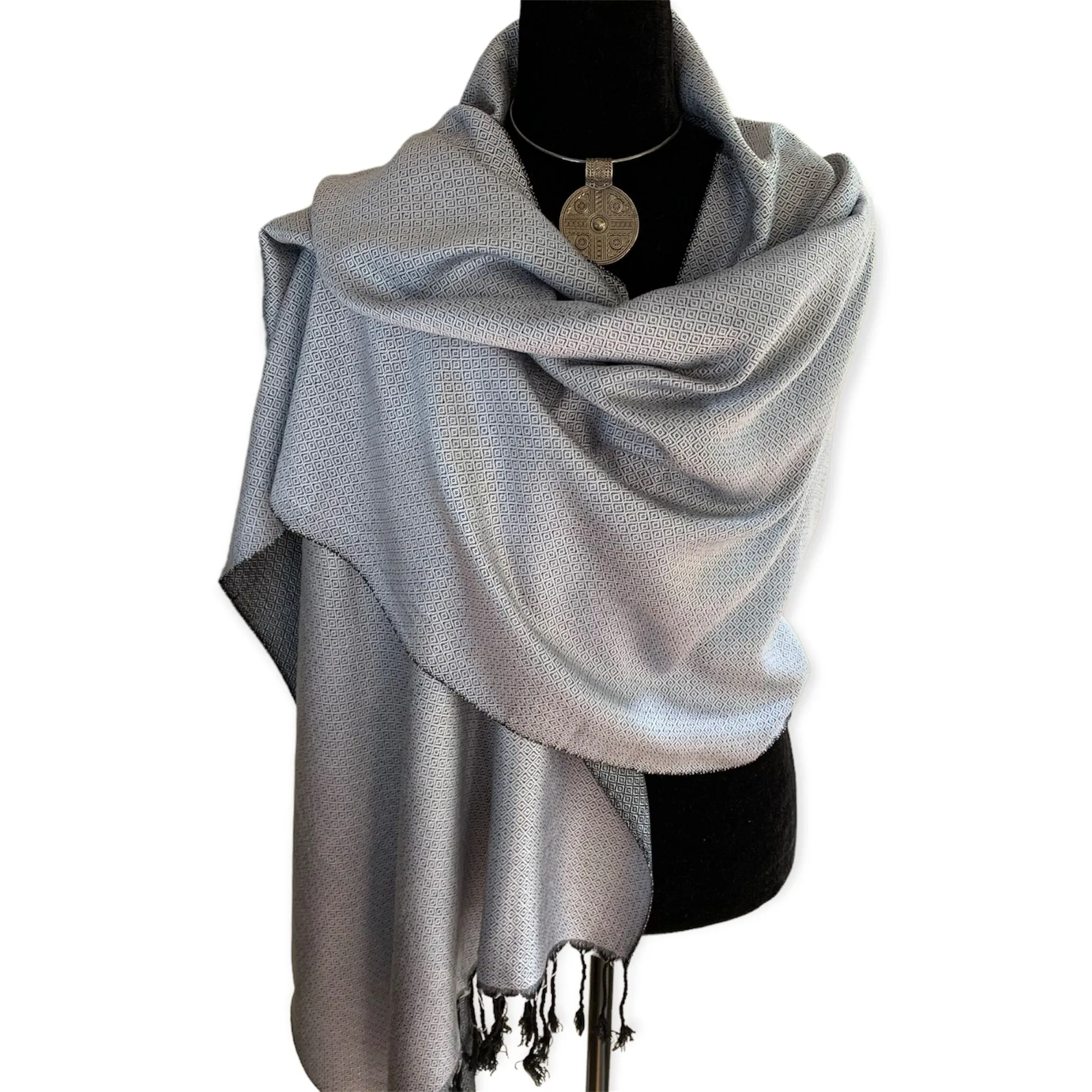 Reversible Diamond Handwoven Bamboo Viscose Shawl - Silver