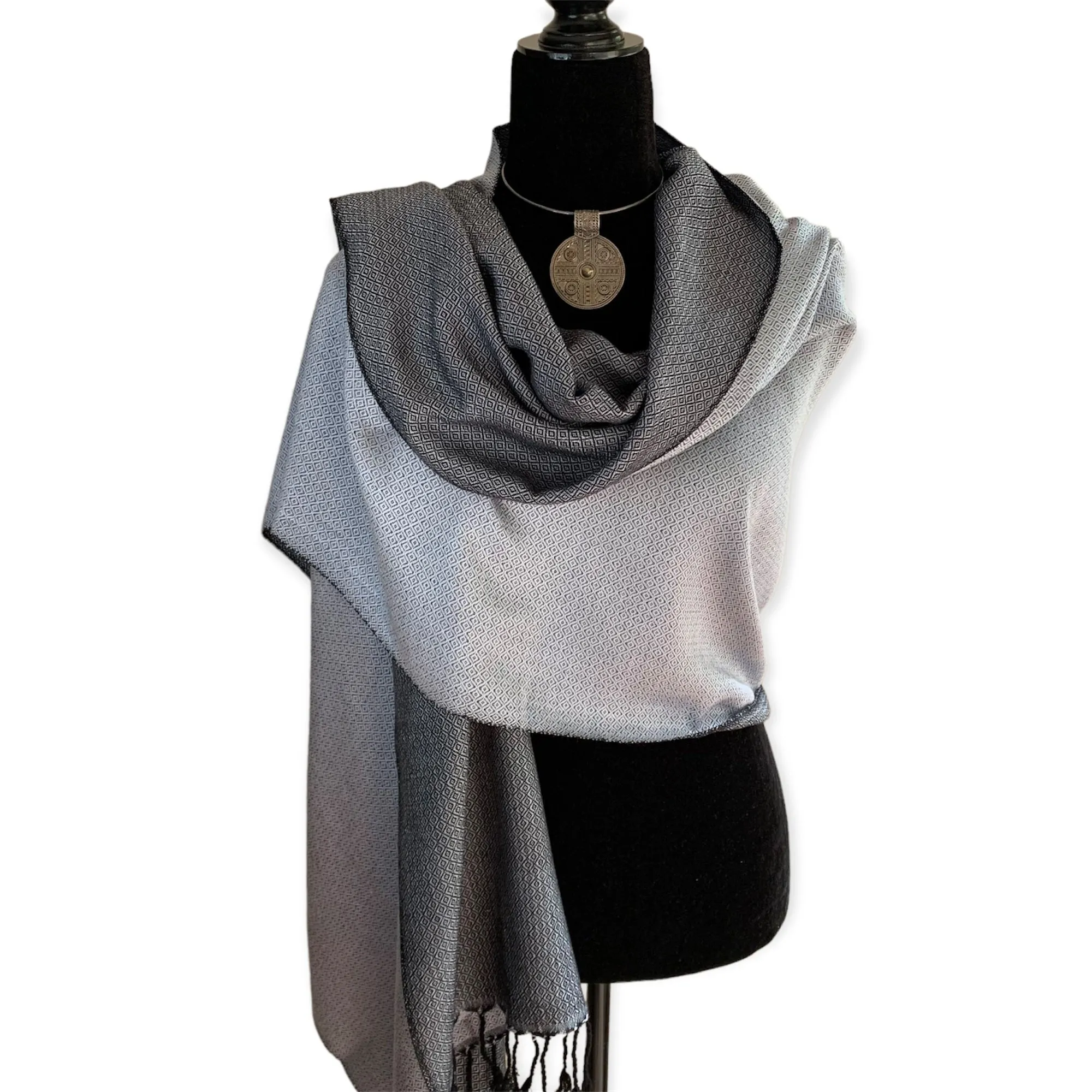 Reversible Diamond Handwoven Bamboo Viscose Shawl - Silver