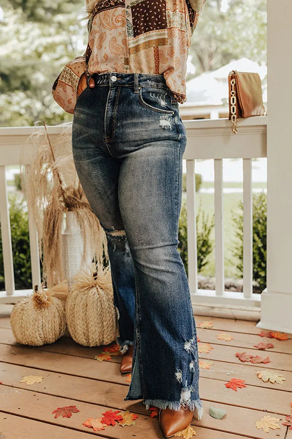 Risen The Fleetwood High Waist Distressed Flare In Dark Wash Curves