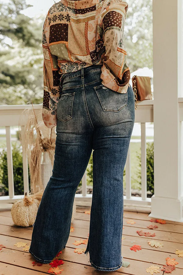 Risen The Fleetwood High Waist Distressed Flare In Dark Wash Curves