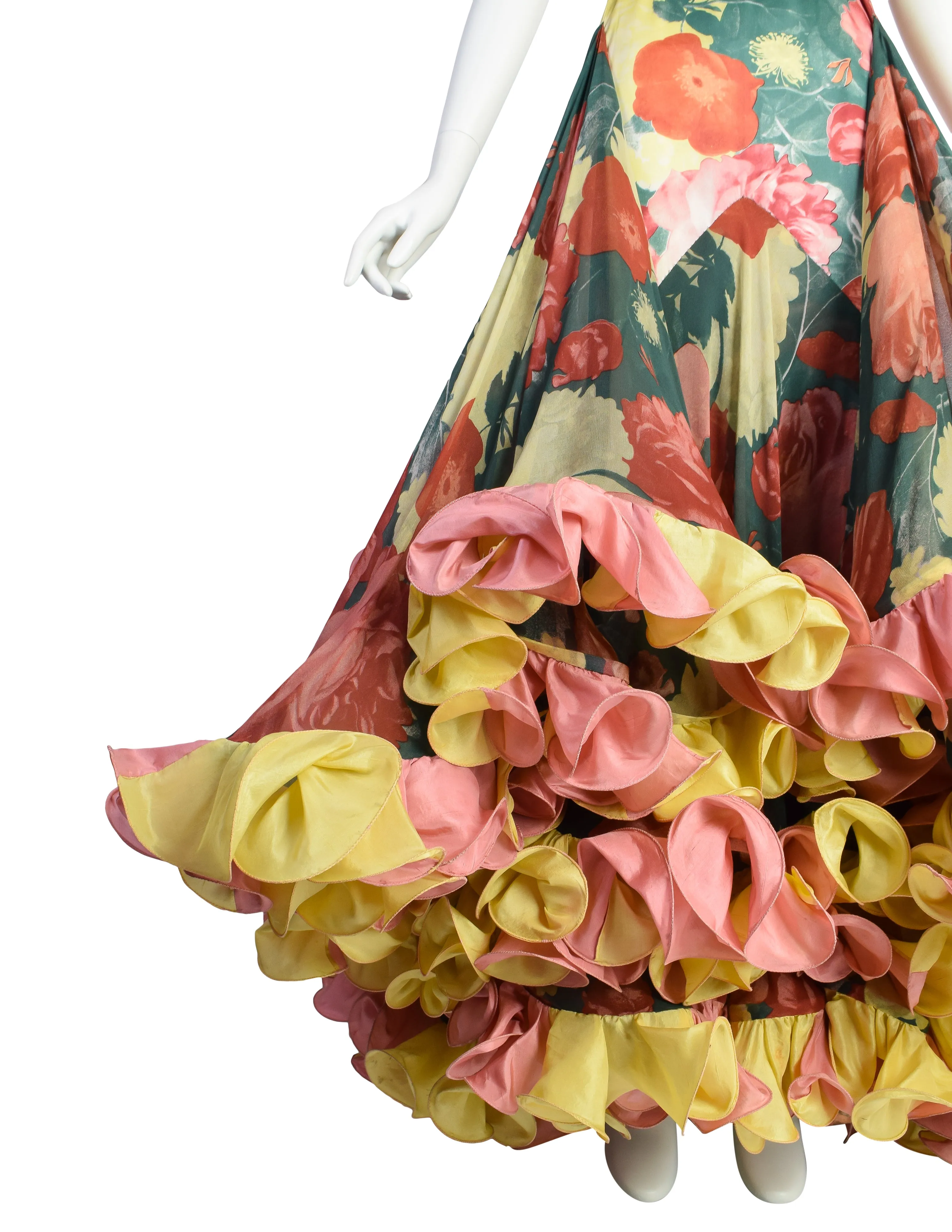 Roberto Capucci Vintage SS 1989 Phenomenal Alta Moda Floral Silk Layered Cascading Ruffle Gown