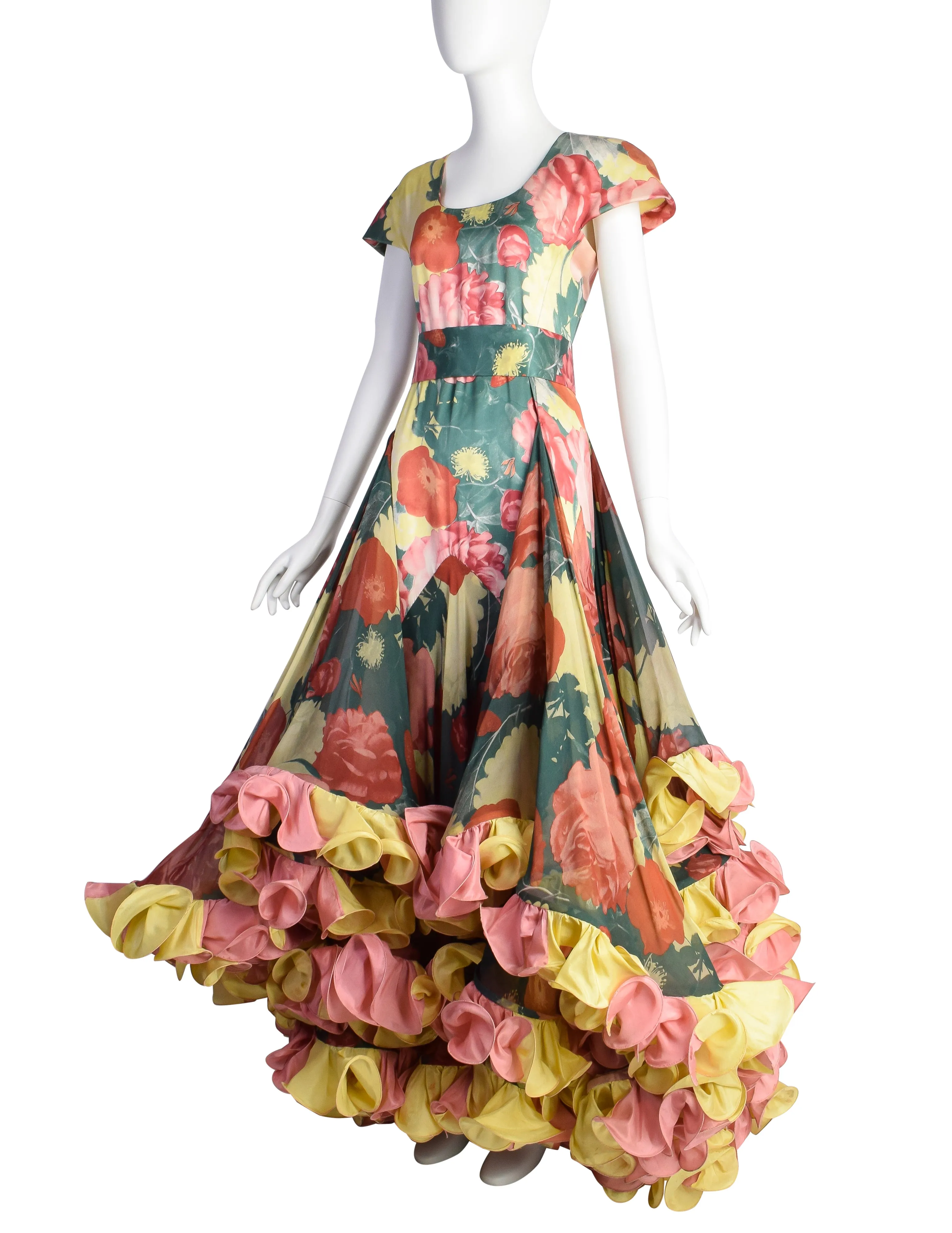 Roberto Capucci Vintage SS 1989 Phenomenal Alta Moda Floral Silk Layered Cascading Ruffle Gown