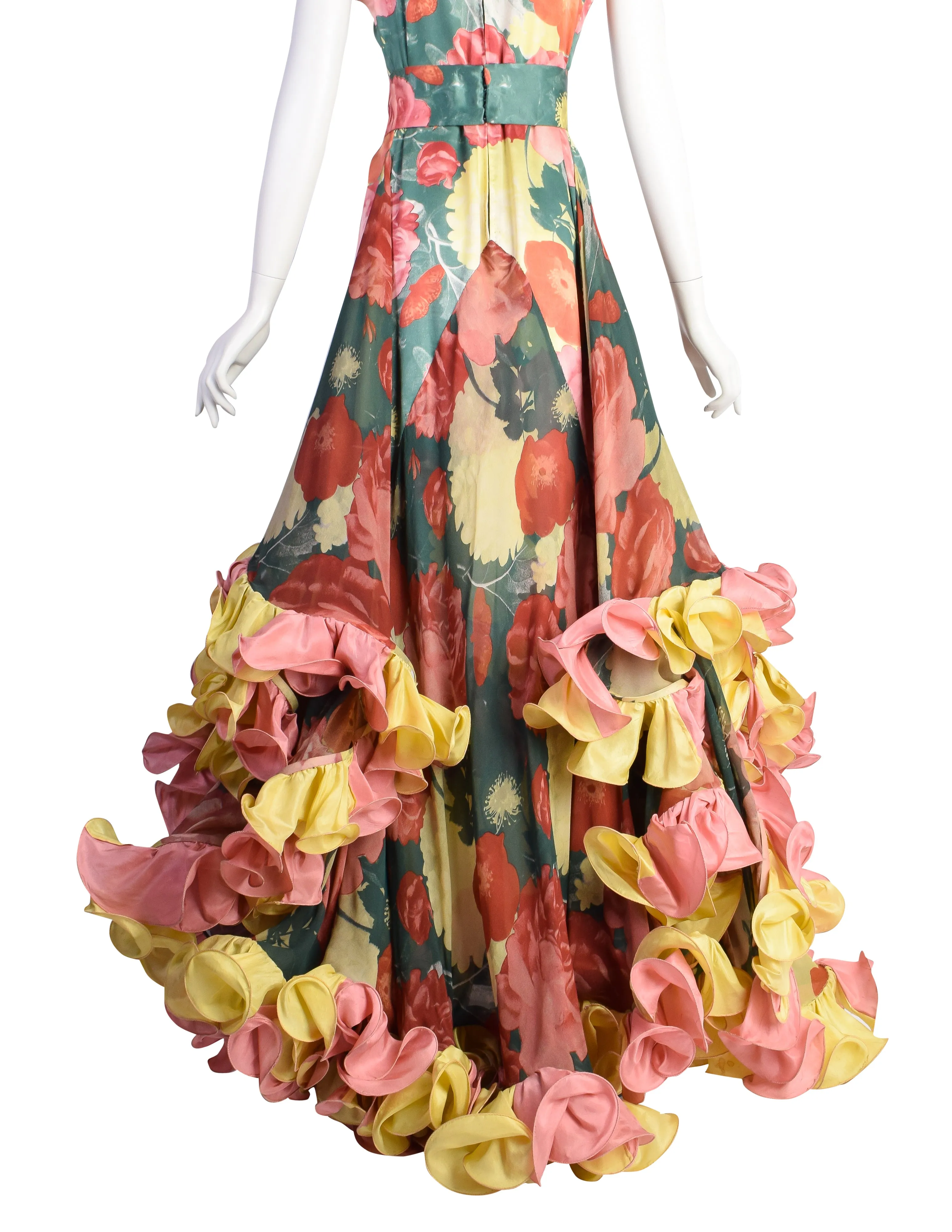 Roberto Capucci Vintage SS 1989 Phenomenal Alta Moda Floral Silk Layered Cascading Ruffle Gown