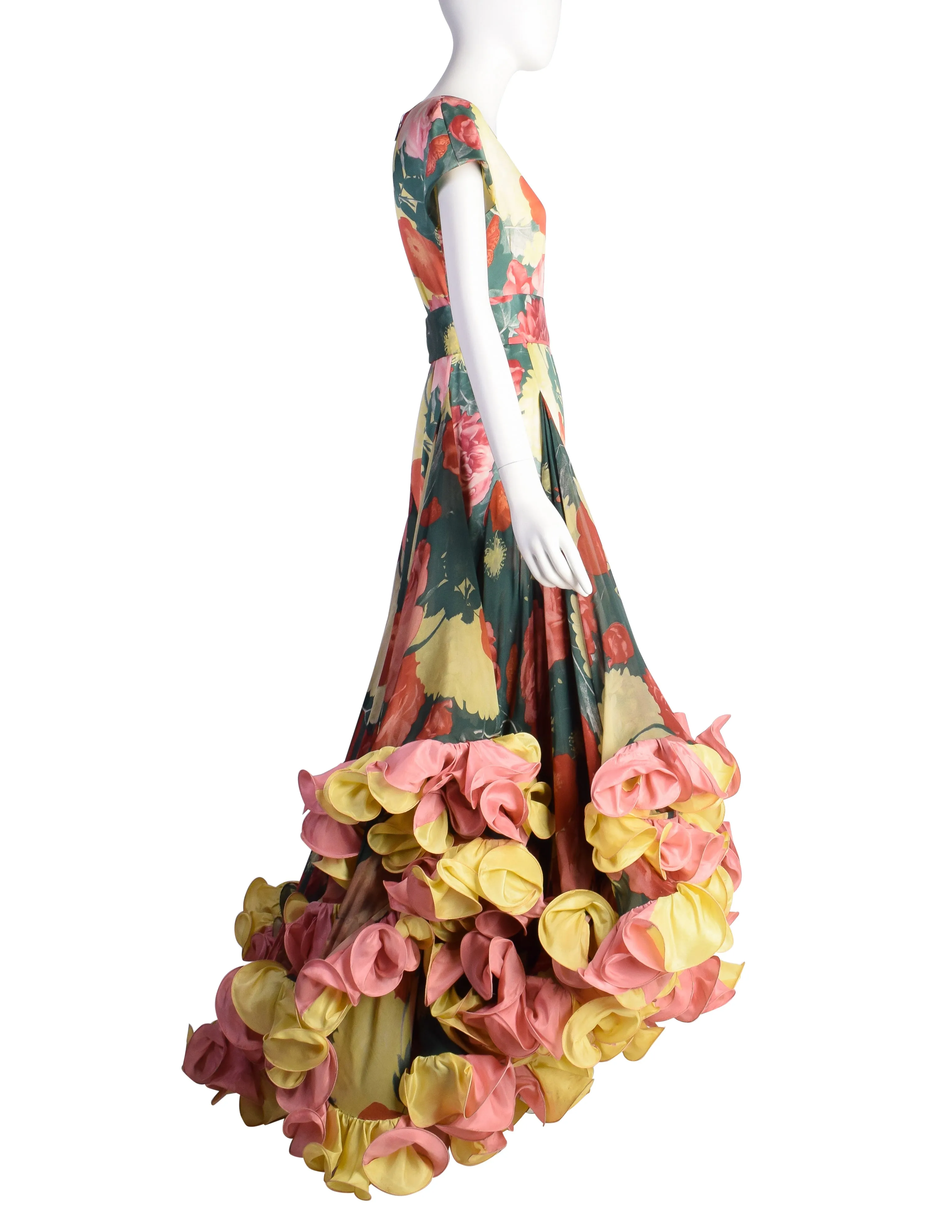 Roberto Capucci Vintage SS 1989 Phenomenal Alta Moda Floral Silk Layered Cascading Ruffle Gown