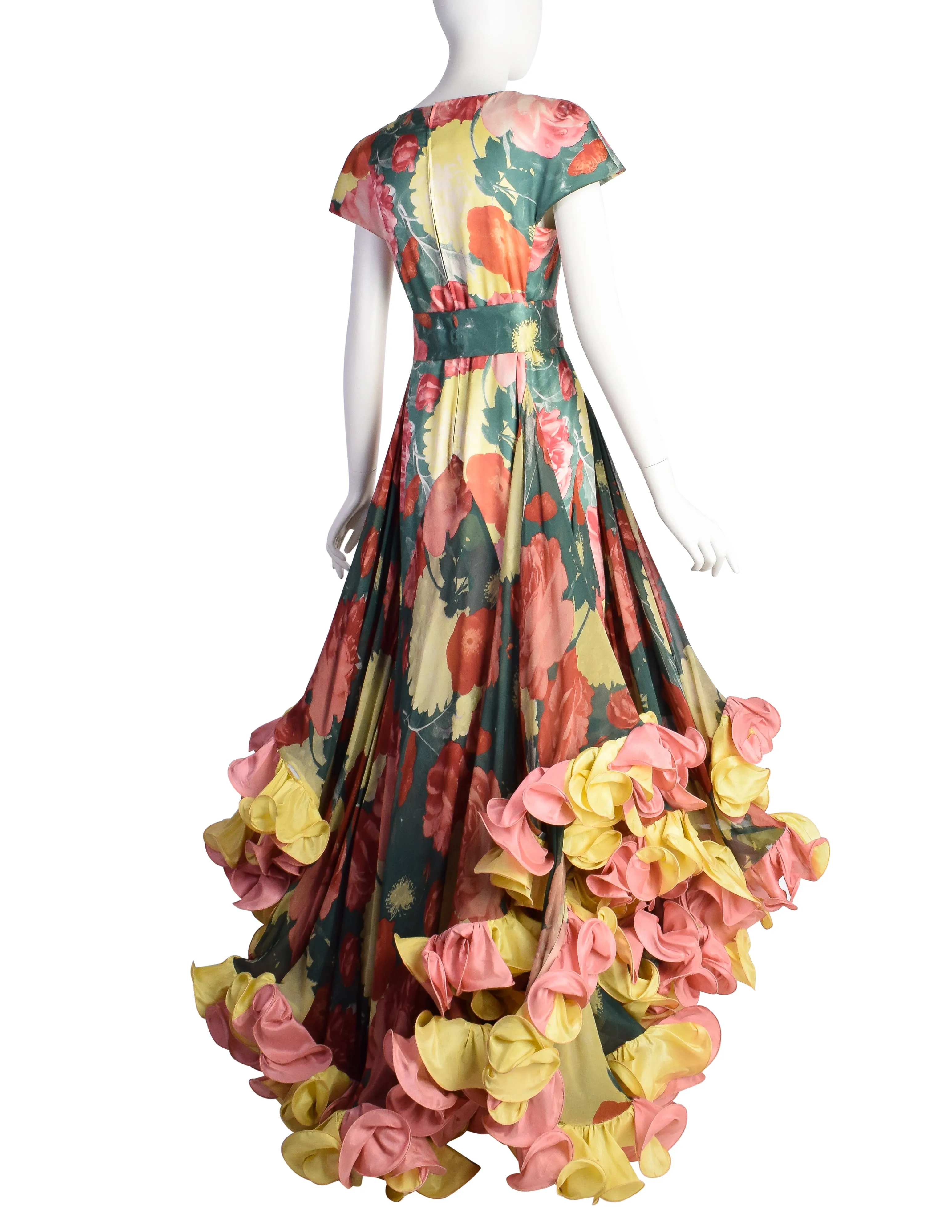 Roberto Capucci Vintage SS 1989 Phenomenal Alta Moda Floral Silk Layered Cascading Ruffle Gown