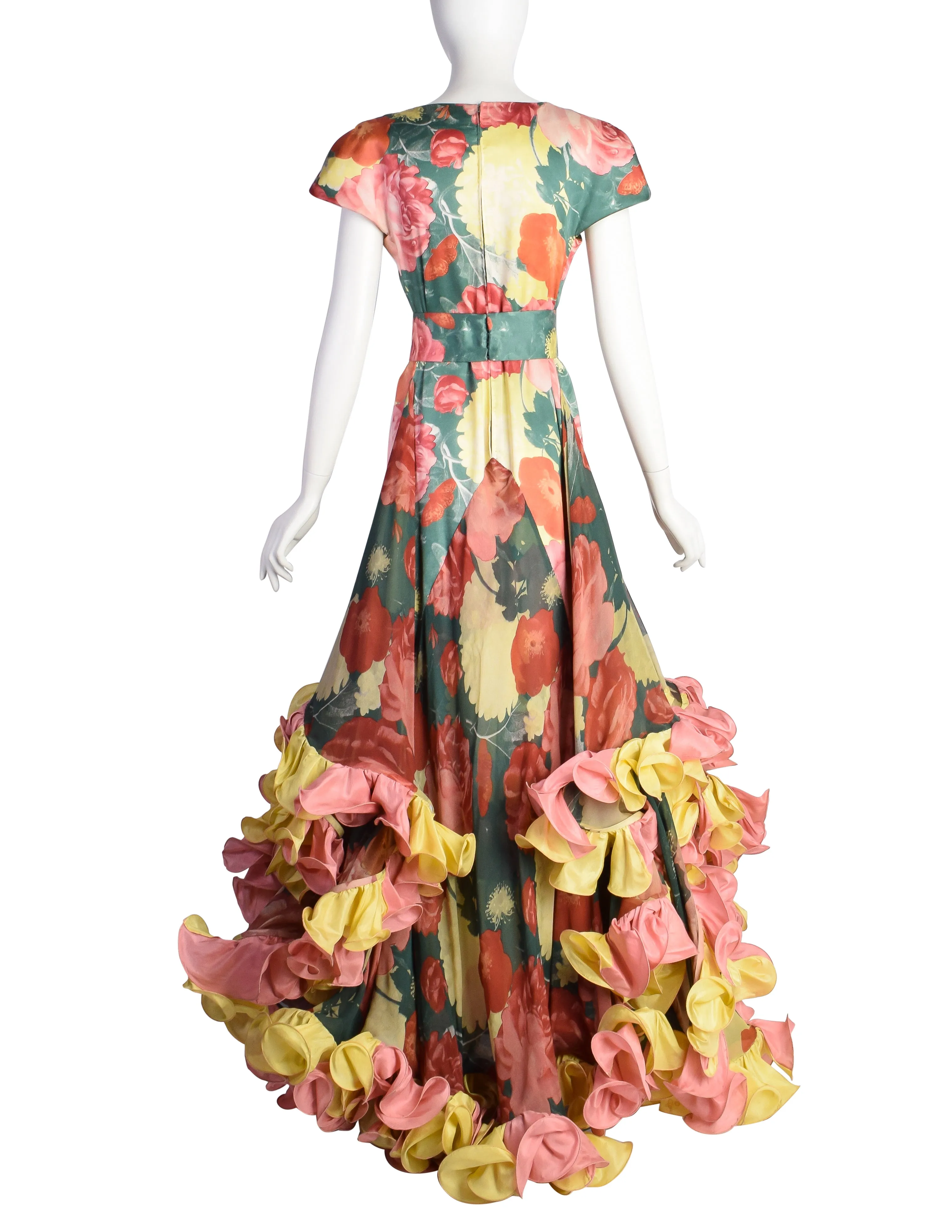 Roberto Capucci Vintage SS 1989 Phenomenal Alta Moda Floral Silk Layered Cascading Ruffle Gown