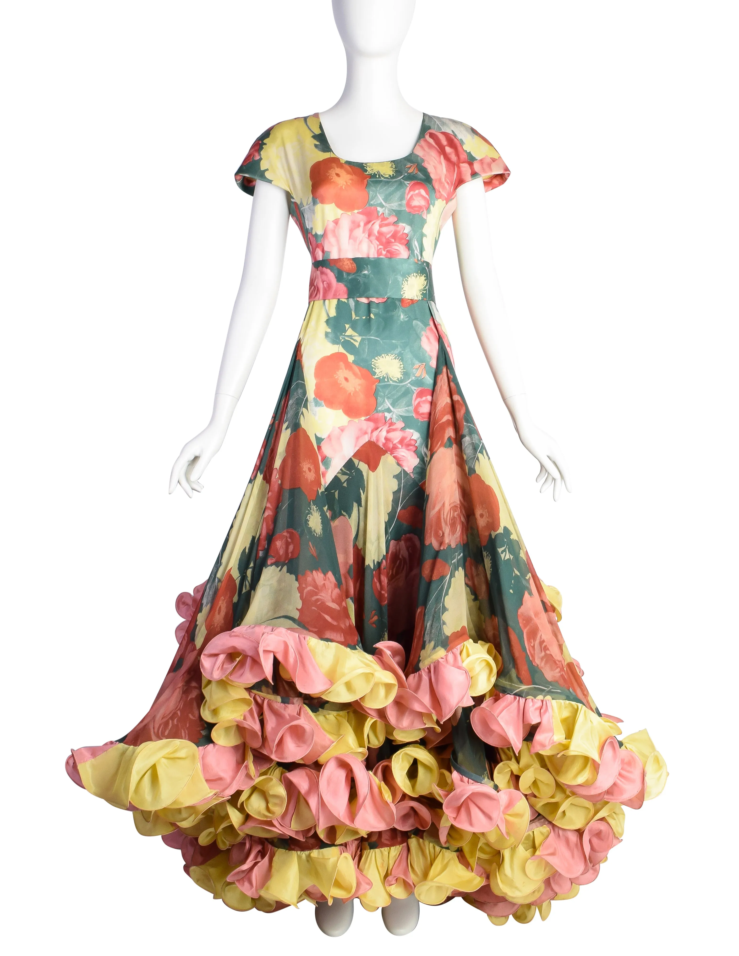 Roberto Capucci Vintage SS 1989 Phenomenal Alta Moda Floral Silk Layered Cascading Ruffle Gown