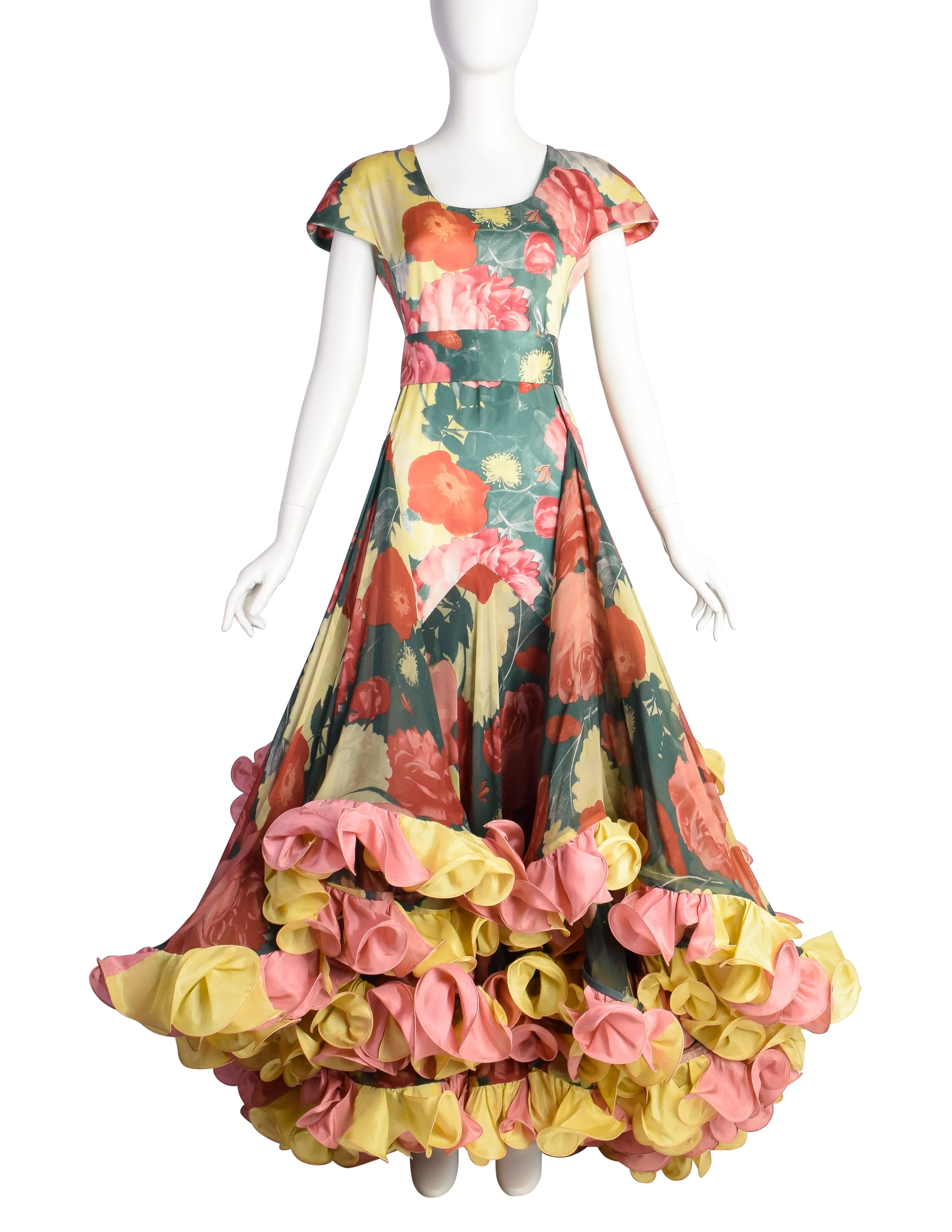 Roberto Capucci Vintage SS 1989 Phenomenal Alta Moda Floral Silk Layered Cascading Ruffle Gown