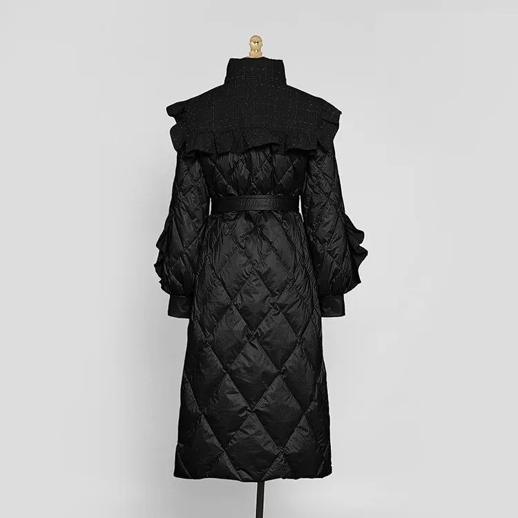 Ruffled Stand Collar Lantern Sleeve Puffer Coat