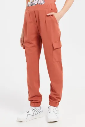 Senior Girls Orange Knitted Cargo Pocket Pants