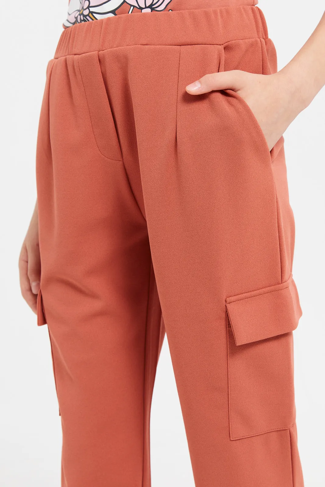 Senior Girls Orange Knitted Cargo Pocket Pants