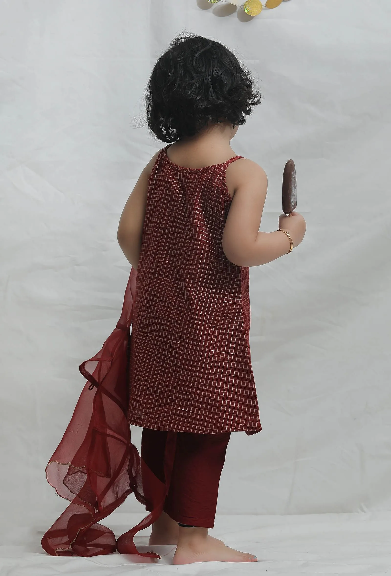 Set of 3: Maroon Chanderi Slip Kurta with Pants and Dupatta