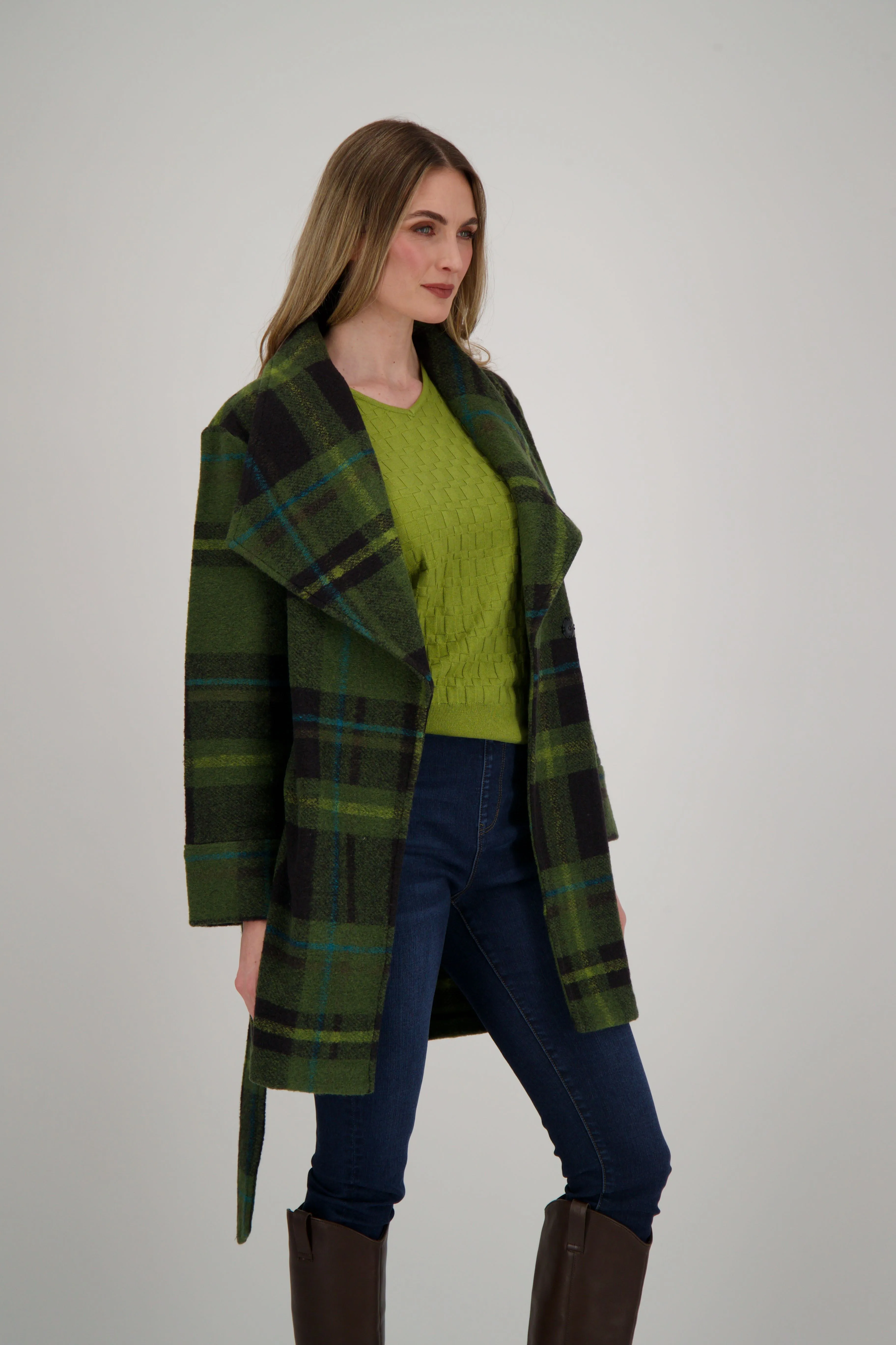 Shawl Collar Belted Plaid Jacket