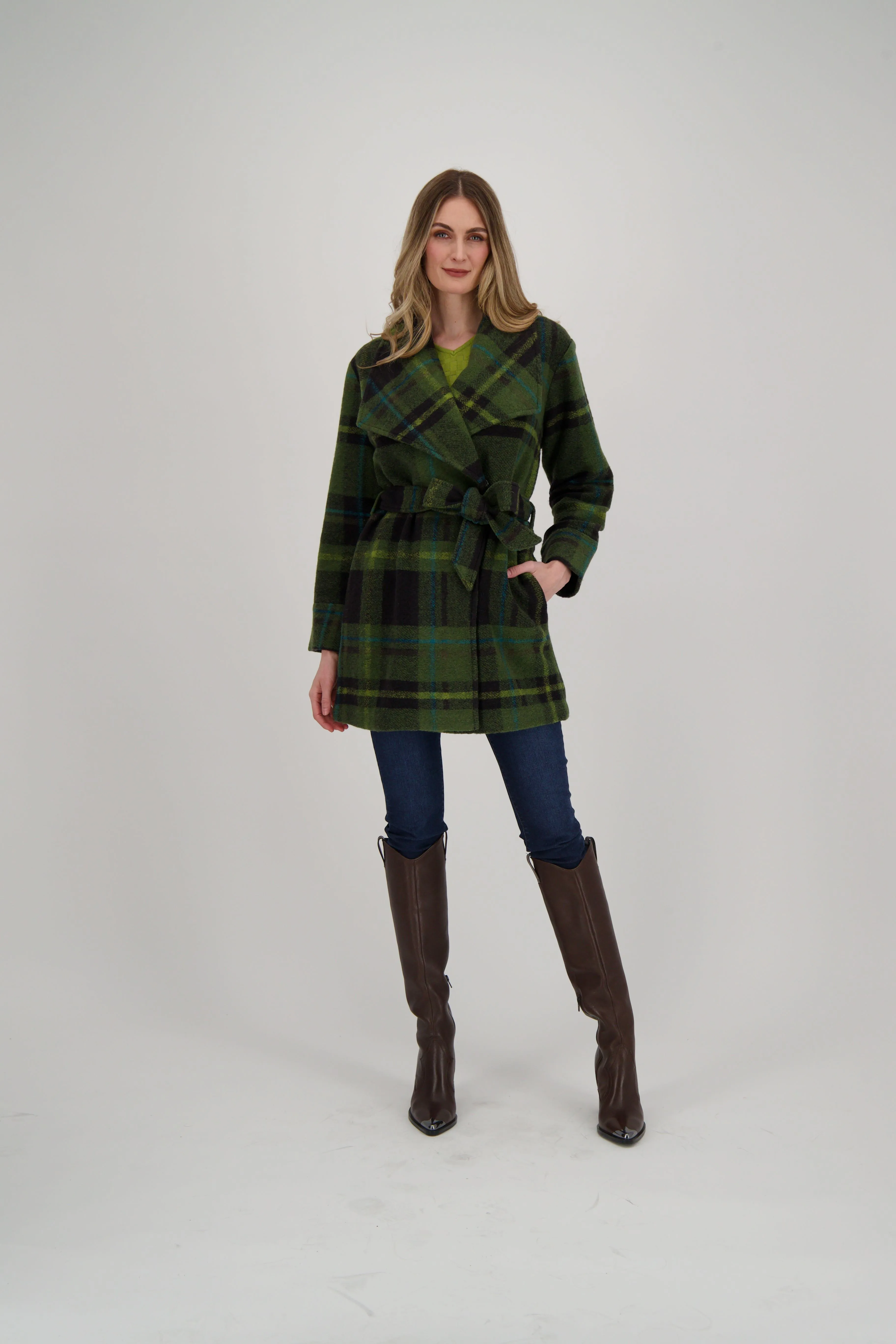 Shawl Collar Belted Plaid Jacket