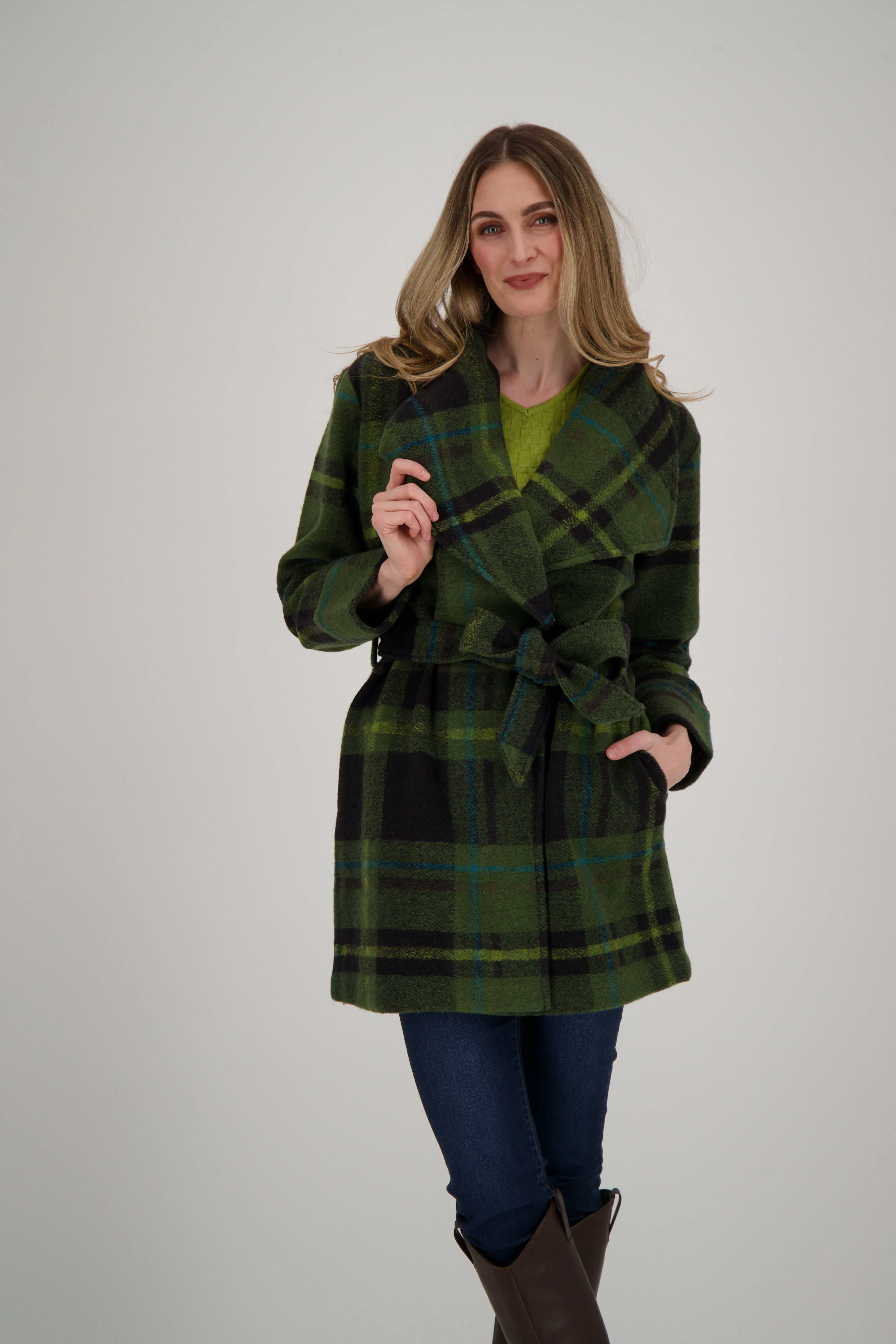 Shawl Collar Belted Plaid Jacket